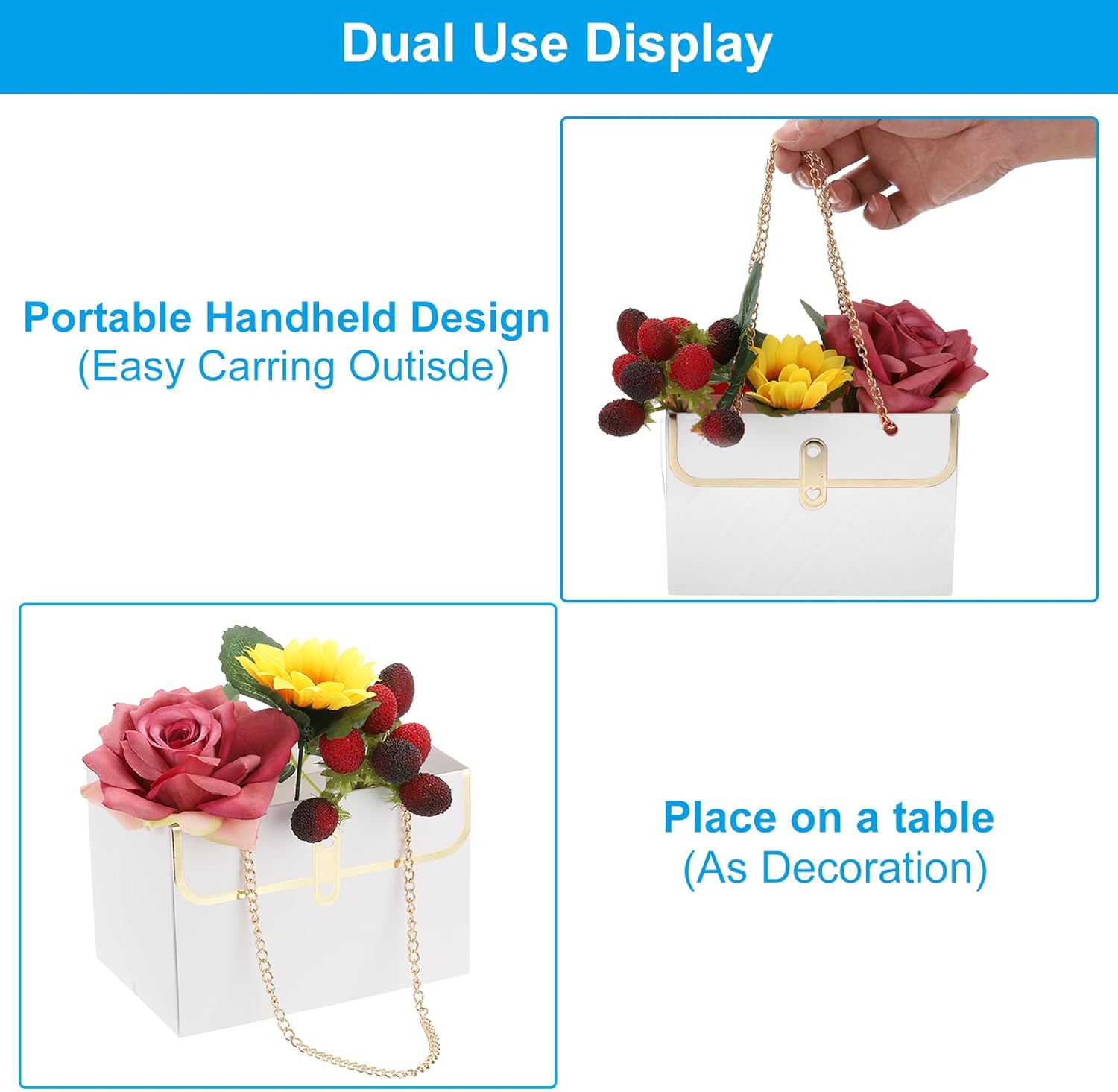 PATIKIL 6x4x4 Inch Flower Paper Gift Bag, 8PCS Box Storage Florist Supplies Bouquet HandBag Gift Wrap Paper with 16Metal Chains for Wedding Birthday Party, White