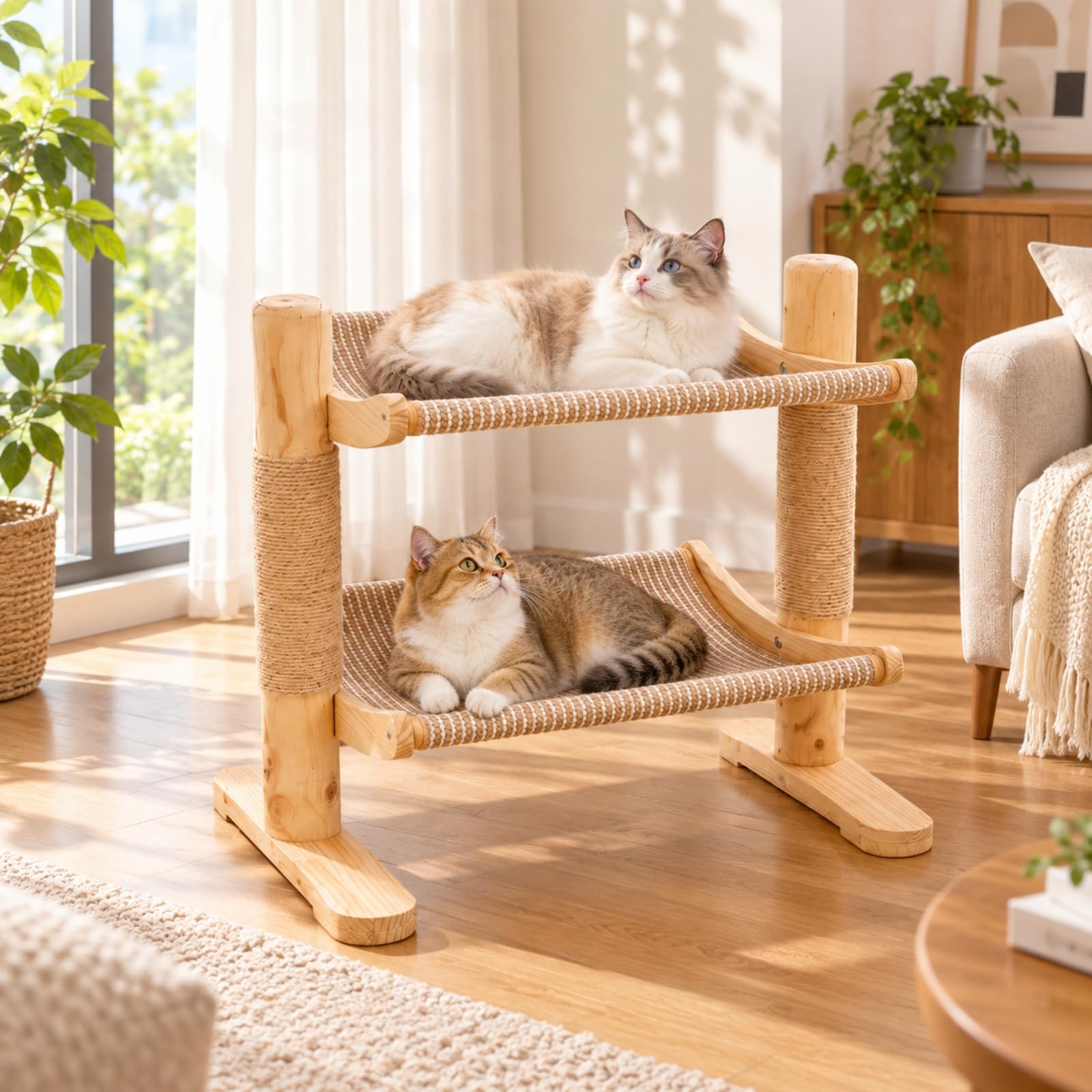Albero per in Legno Massello Lavabile Tiragraffi con Piattaforme di Riposo Spazioso Tiragraffi con Colonne in Sisal per Arricchimento Quotidiano, Due Montanti Due Livelli