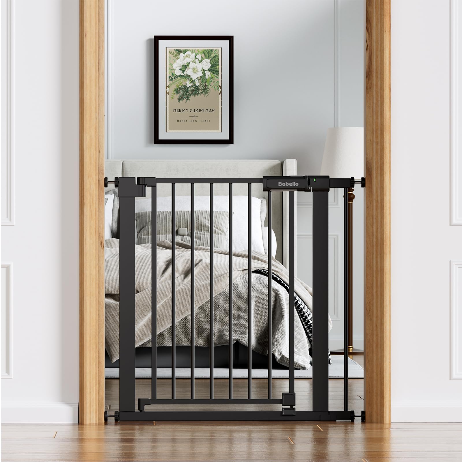 BABELIO Baby Gate for Doorways and Stairs, 31-36" Pet Gate with Wide Walk Thru Door and Lock Indicator, No Drill Pressure Mounted Safety Gate with Double Lock and Self-Closing, Black