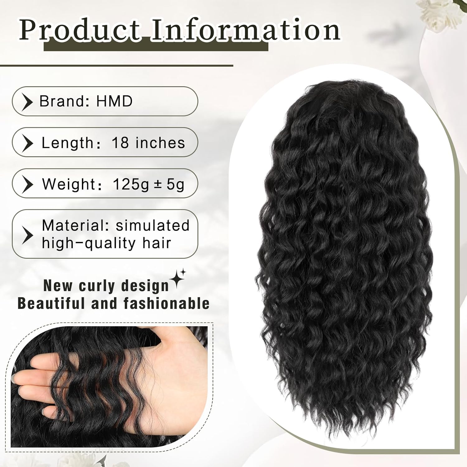 HMD Curly Ponytail Extension Drawstring Ponytail for Black Women Natural Black Curly Clip in Hair Extensions 18 Inch Ponytail Extension Synthetic Hairpiece for Daily Party(1B)