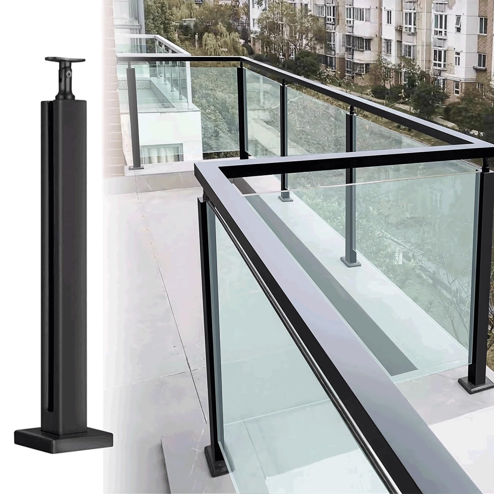 GHHVFEC 304 Stainless Steel Railing Post Stairs Glass Balustrade System Adjustable Top With Support Rod Sleek Black Finish For Modern Balcony Deck Glass Fence 115Cm/45.3In,115cm/45.3in