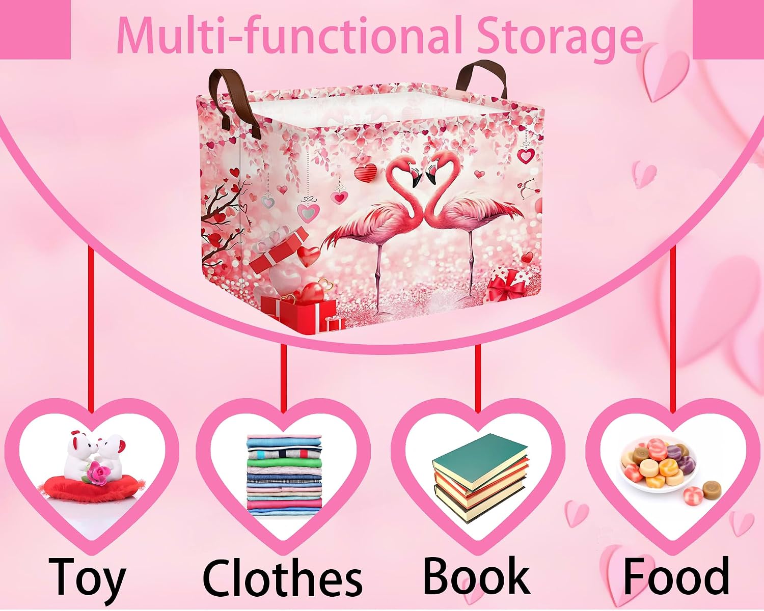Valentines Day Basket Large Foldable Heart Shaped Storage Box for Gifts Kids Empty Storage Bins Rectangular Toy Organizer Decor (Love Flamingo)