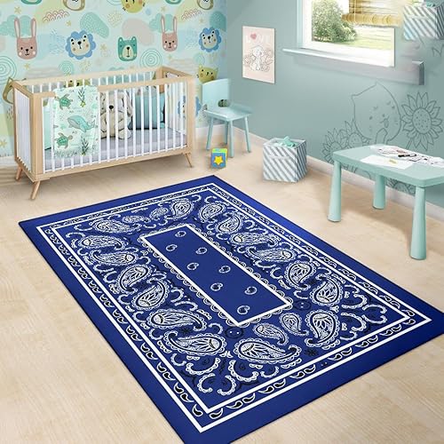 Miniatura 6 de Alfombra bandana personalizable para sala de estar, color azul y blanco, tapete antideslizante para niños, lavable a máquina, transpirable,
