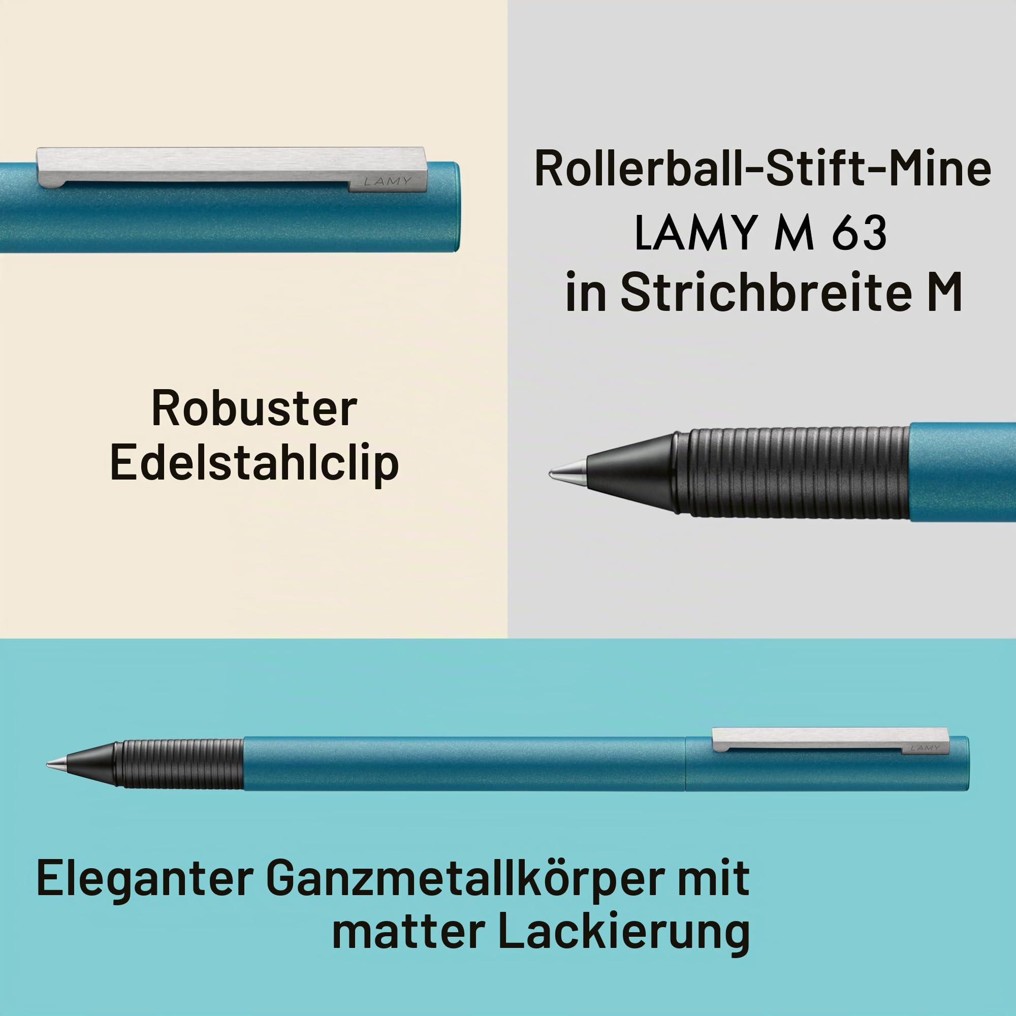 Lamy cp1 aquamarine Tintenroller – minimalistischer Stift in elegantem Gehäuse aus Ganzmetall – mit abgefedertem Edelstahl-Clip – inkl. Tintenrollermine M 63 Strichbreite M in schwarz