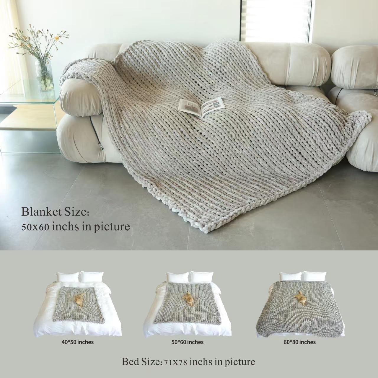 Maetoow Tighter Version Chenille Chunky Knit Blanket Throw （50×60 Inch）, Handmade Warm & Cozy Blanket Couch, Bed, Home Decor, Soft Fleece Banket, Boho Thick Blankets and Giant Yarn Throws，Brown - Image 5