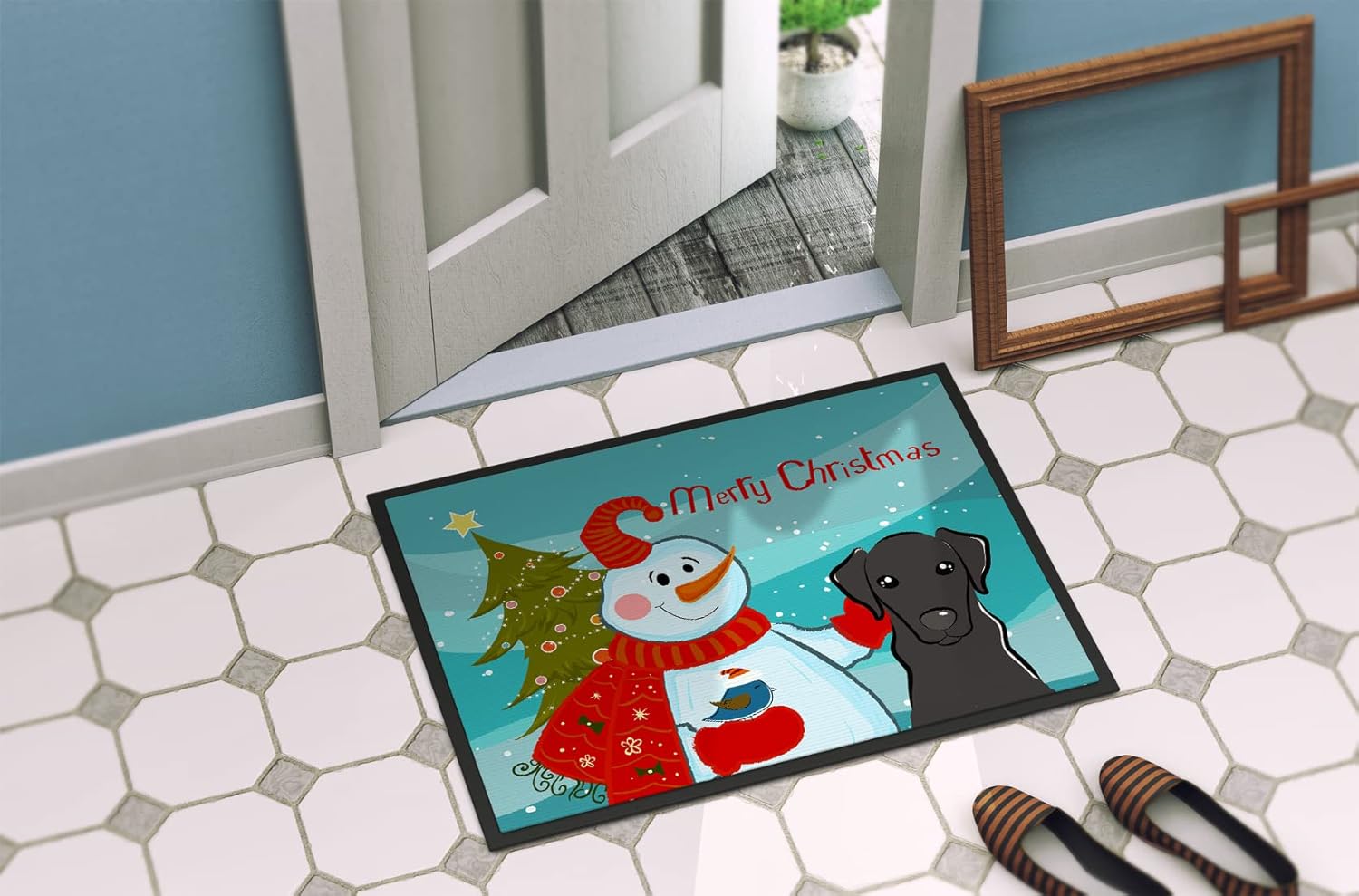 Caroline's Treasures BB1855JMAT Snowman with Black Labrador Doormat 24x36 Front Door Mat Indoor Outdoor Rugs for Entryway, Non Slip Washable Low Pile, 24H X 36W