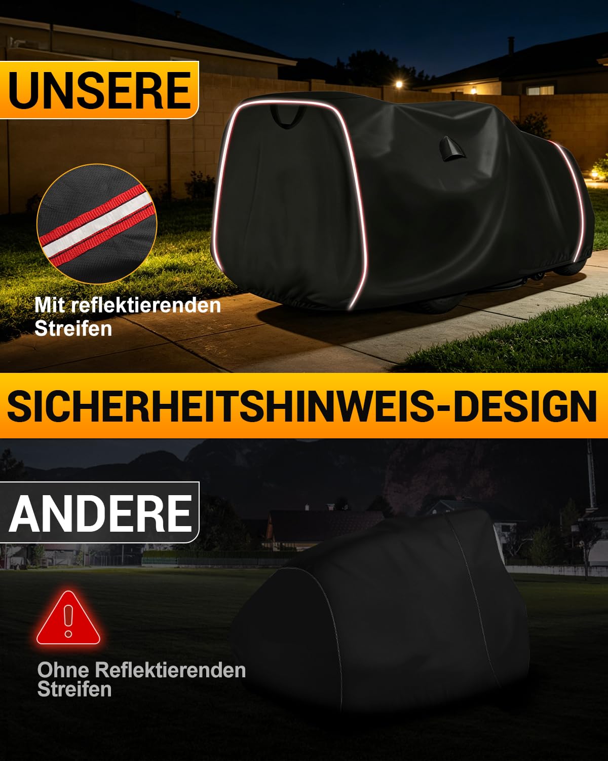 420D Abdeckung Für Rasentraktor Aufsitzmäher Abdeckung Abdeckplane Rasentraktor Wetterfest UV-Schutz mit Reflektierendem Band 6m Befestigungsgurt (210x110x115cm)