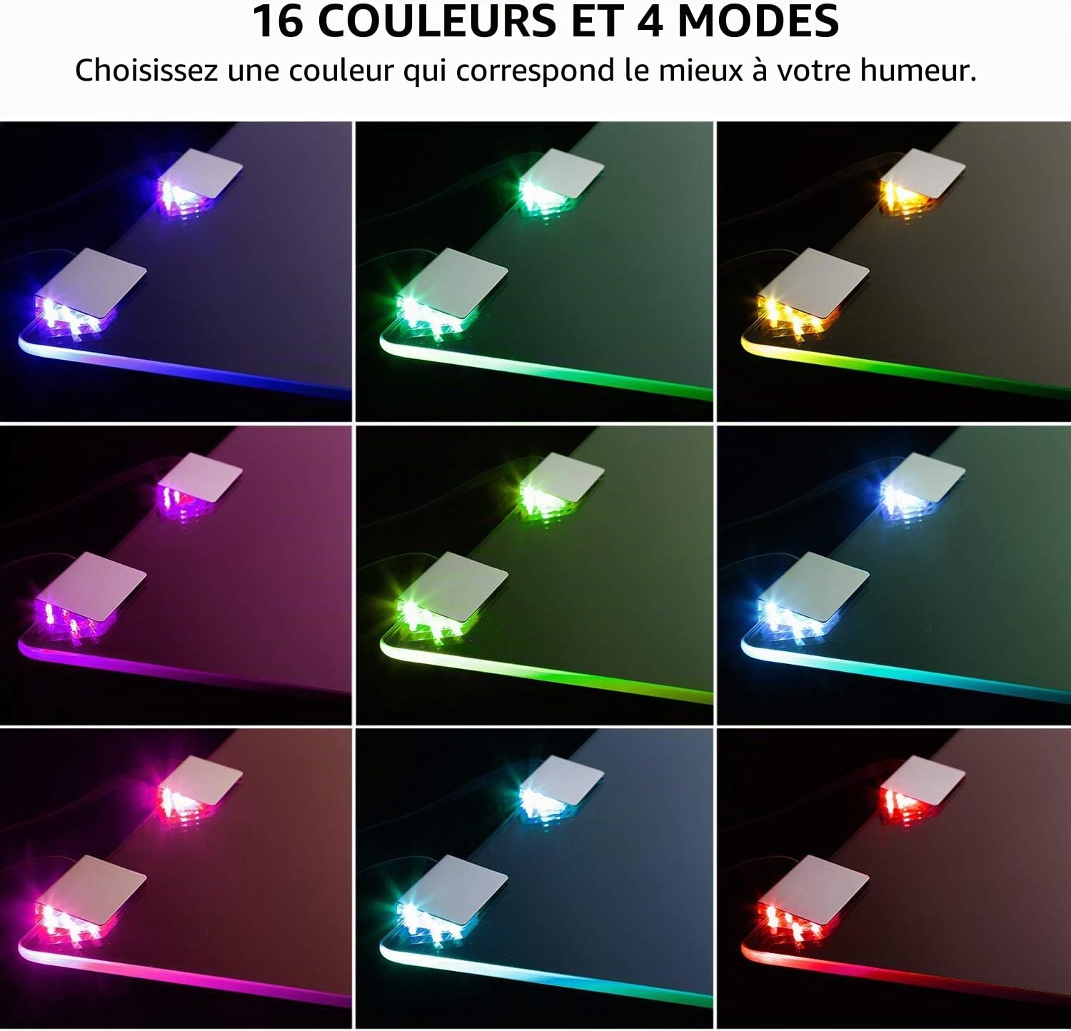 ACCE Lot de 4 éclairages LED, RVB, pour bord en verre, de vitrine, clip en verre, de qualité supérieure, miroir, en acier inoxydable
