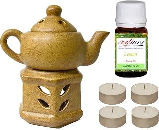 Royal Hantverk handgjorda keramik premium te ljus arom oljebrännare/oljediffusor – etnisk vattenkokare/tekanna design matt brun finish – gratis citronaromolja 20 ml och 4 värmeljus