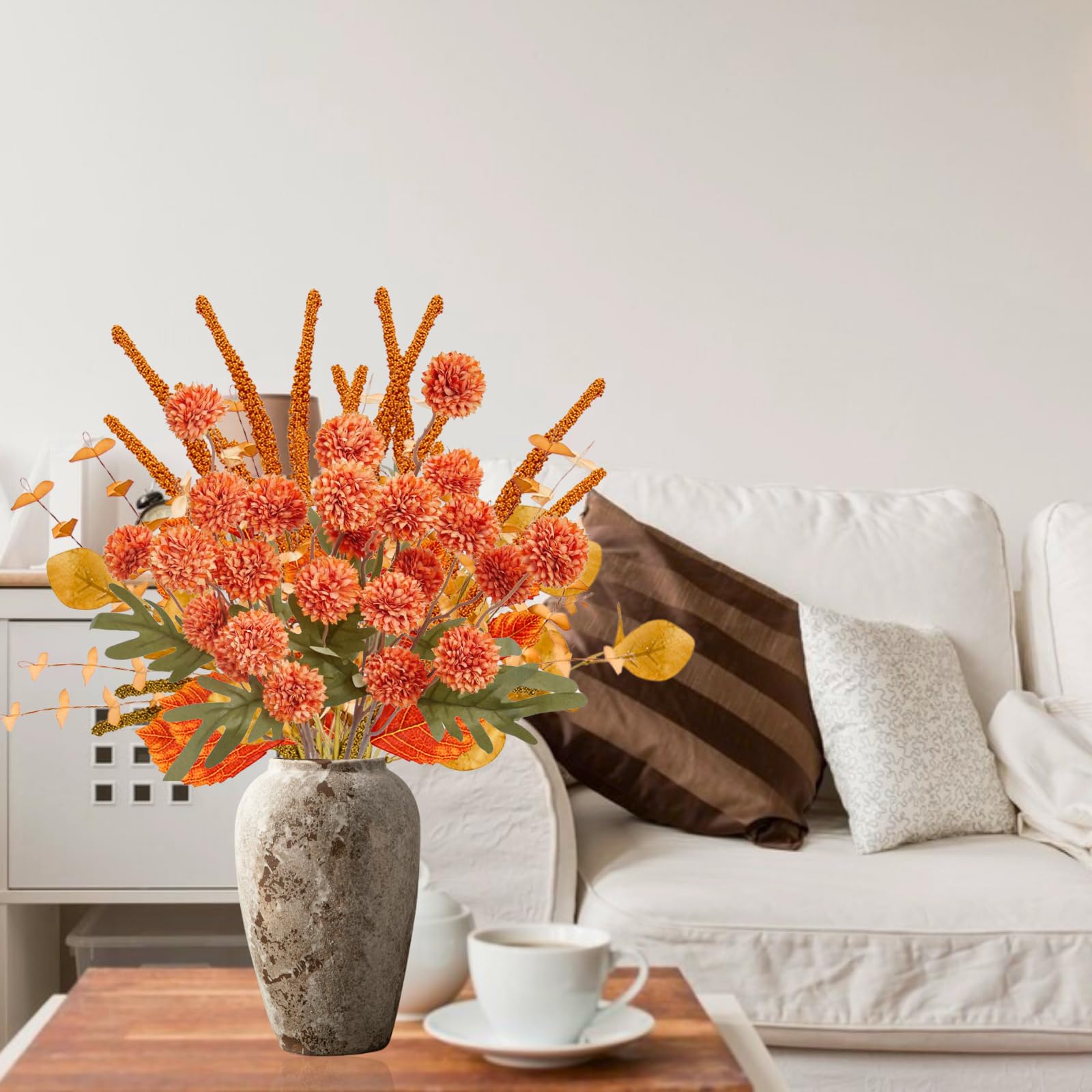 ASTRYAS Fiori artificiali Kiku misti in finta seta finta steli di eucalipto decorazione per casa colonica matrimonio vaso bouquet composizione floreale decorazione casa (7 pacchetti)