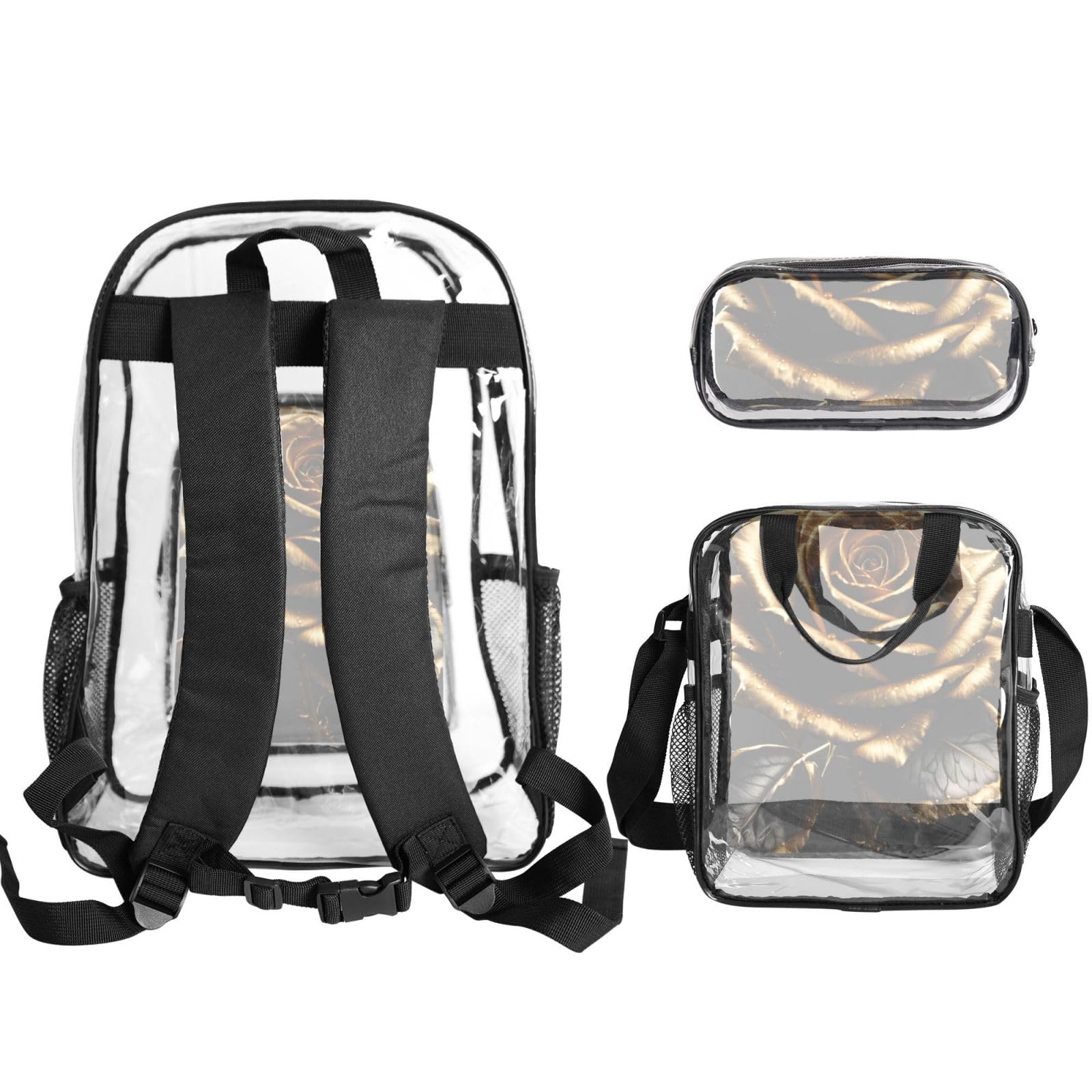 Juego de mochila transparente unisex con estampado de flores negras y doradas, 3 piezas, bolsa de almuerzo, estuche para bolígrafos, viajes al aire libre
