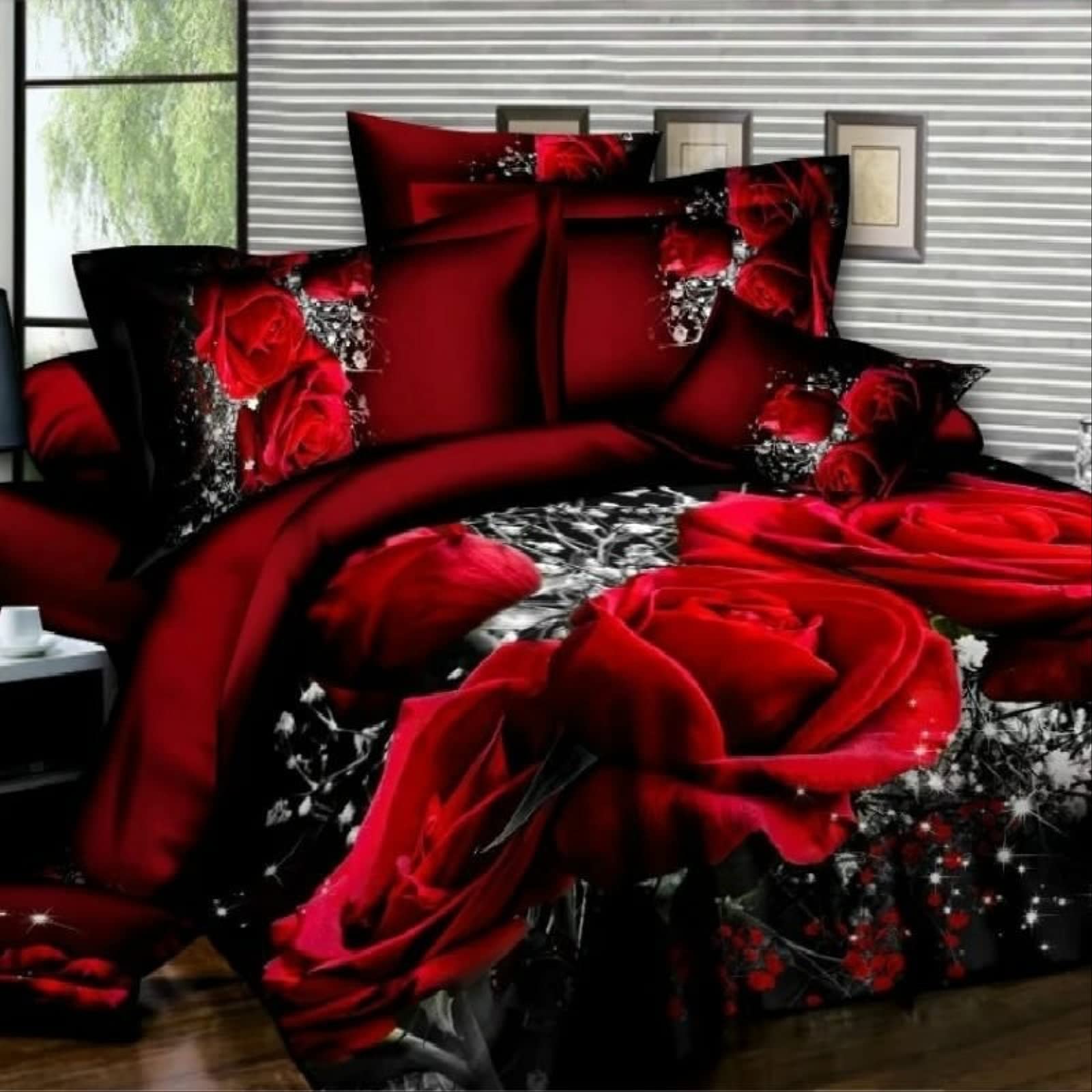 Rose rouge 3D parure de lit couvre-lit microfibre 4 pièces confort