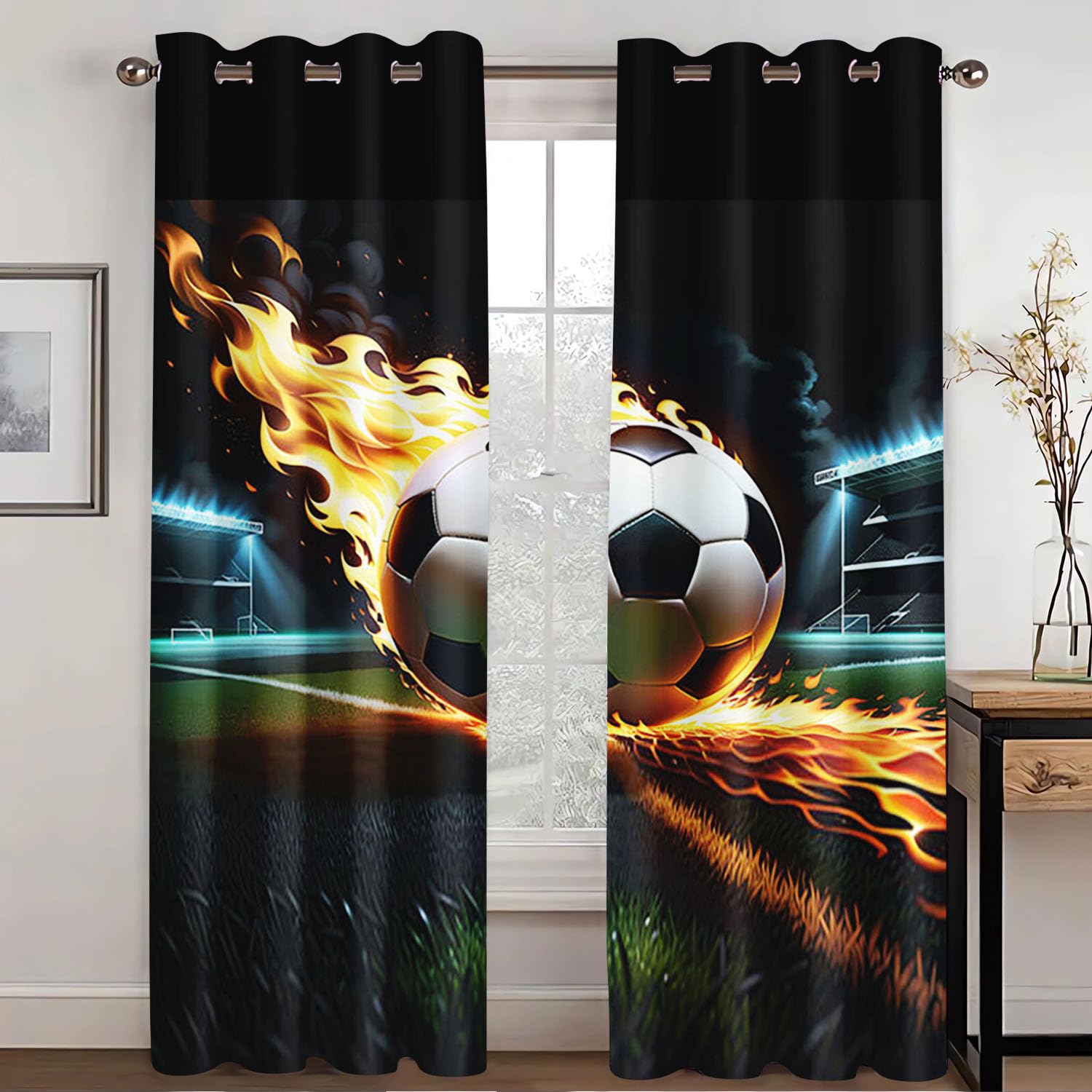 WEQEER Football Sports Field Curtains, Blue 3D Football Pattern Eyelets Curtains, Colourful Football Children's Blackout Curtain, Boys Curtains for Bedroom (9.220 x 215 cm (2 x 110 x 215 cm))