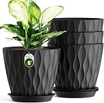 8 Inch Plant Pots 4 Pack Plastic Planters with Drainage & Saucers | 8 inch 4 pack plastic plant pots with 3D water ripple texture, drainage holes and saucers for indoor outdoor plants