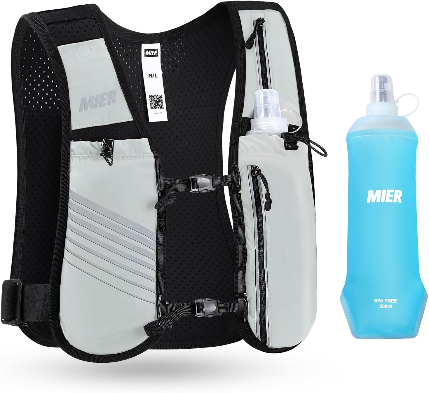 MIER Running Vest for Women Men, Lightweight Breathable Hydration Vest with 500ml Soft Flask Reflective Hydration Backpack for Marathon Cycling Hiking Jogging