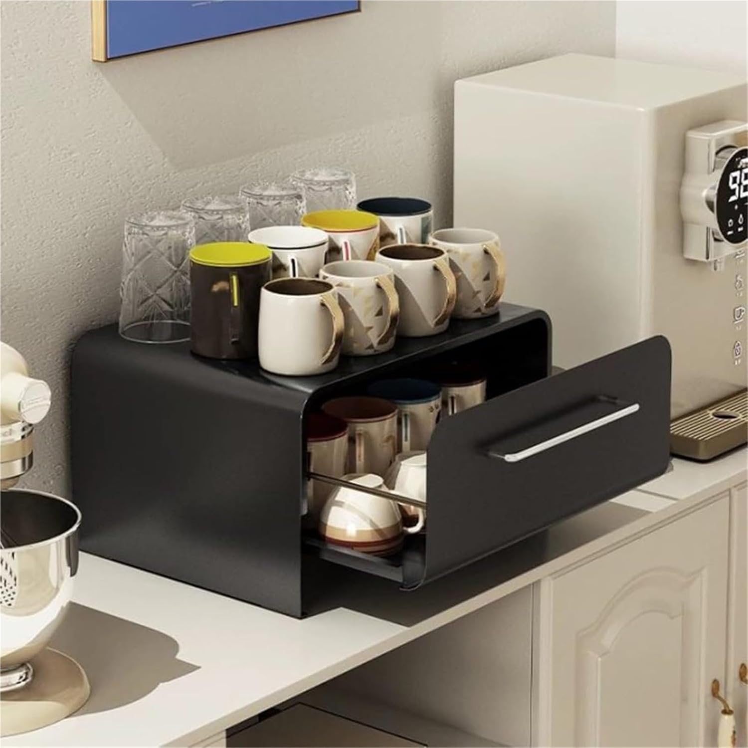Cup Storage Holder,Sleek Metal Cup Storage Cabinet - Coffee Pod Organizer Drawer for Kitchen & Office, Space-Saving Design, Ideal for Home Use, Stylish Kitchen Accessorie,Black-42X32X23cm