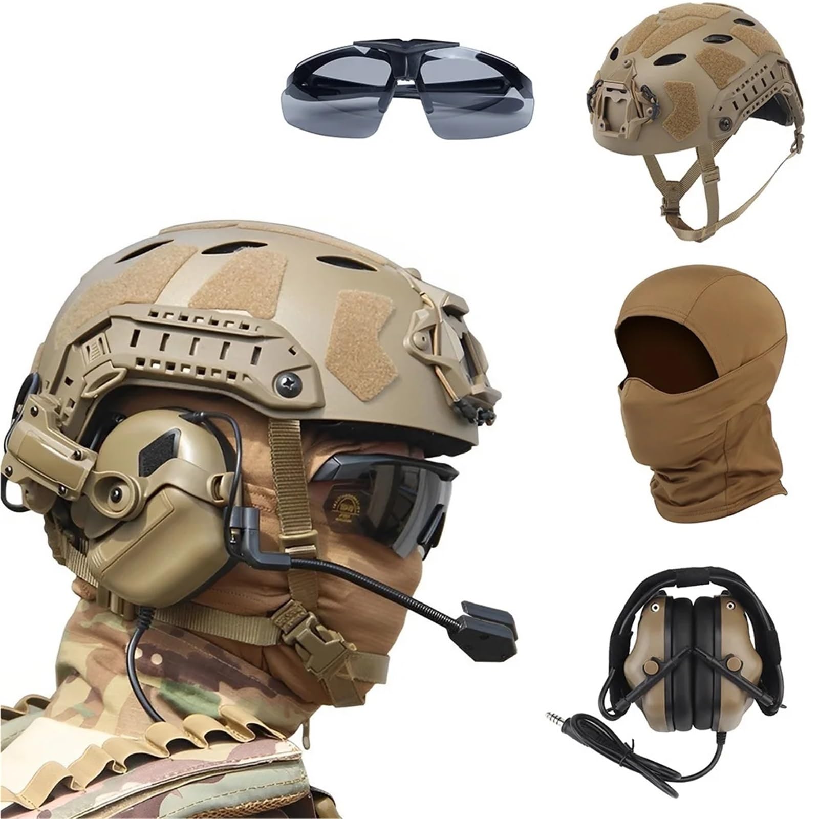 YChoolco Airsoft Helmet Communication Headset Balaclava Face Mask 3 Color Goggles Set Full Protection Tactical Helmet Set for Paintball(T)