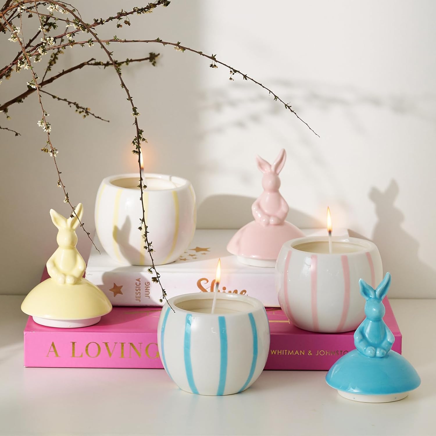 DN DECONATION 3-Pack Easter Bunny Ceramic Jar Scented Candles, Egg Shaped Soy Wax Candles with Rabbit Lid, Spring Home Decor & Easter Gift Set for Women, Pastel Blue Pink Yellow