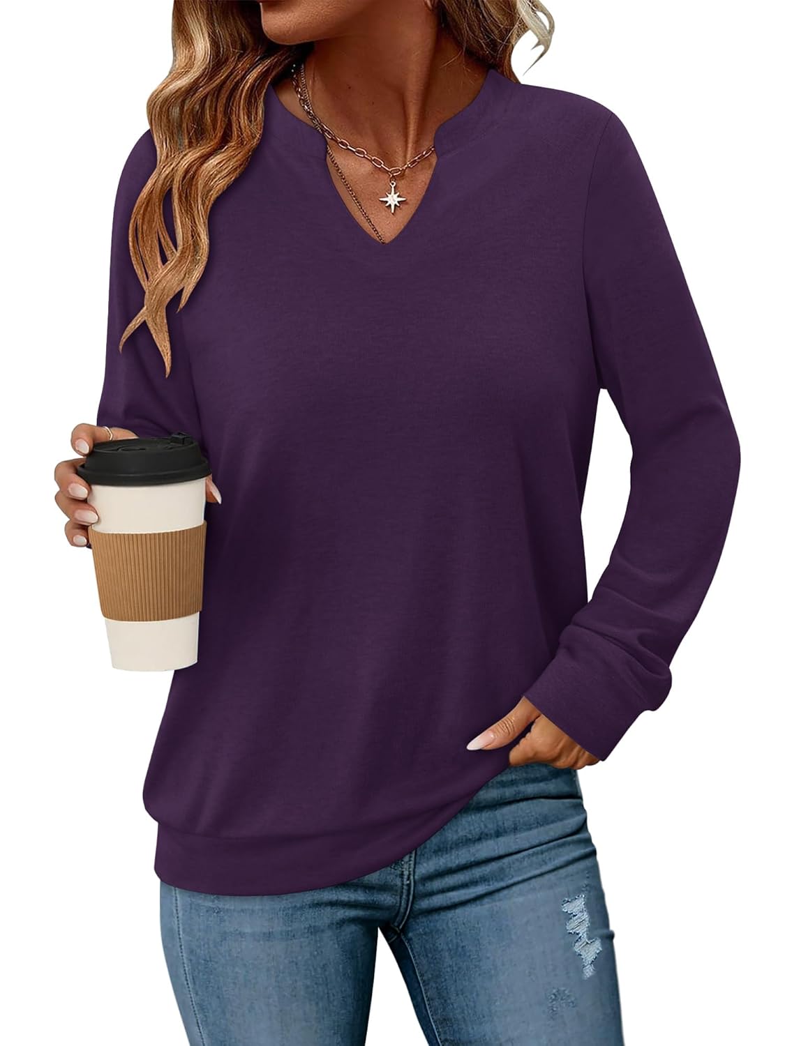 Angerella Womens Long Sleeve Shirts Casual V Neck Sweatshirts Loose Fit Lightweight Pullover Tops