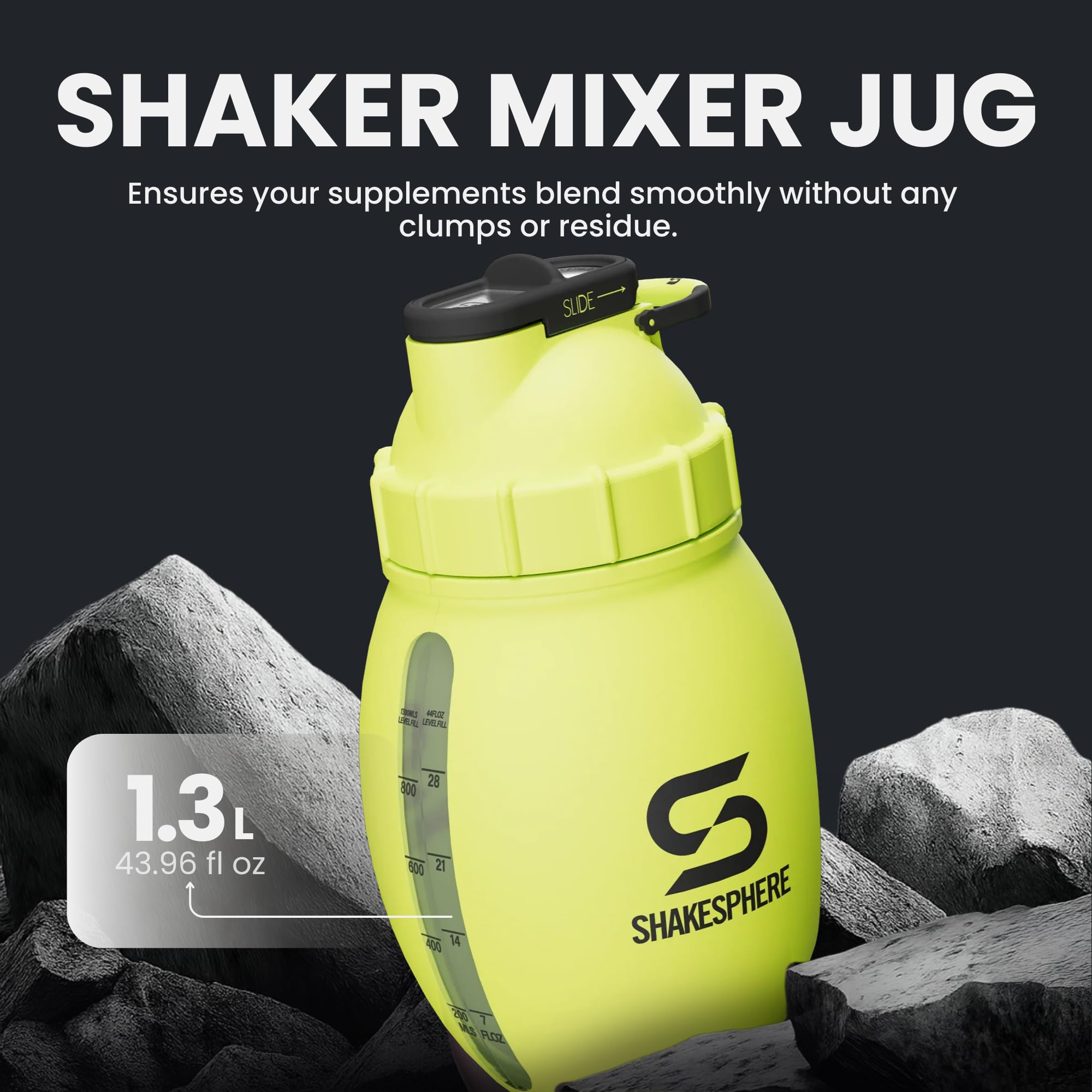 SHAKESPHERE Shaker de protéines 1,3 l – Double paroi, bouteille de gym et mixeur, sans BPA, design durable avec poignée facile à saisir, base en silicone et fenêtre de visualisation transparente