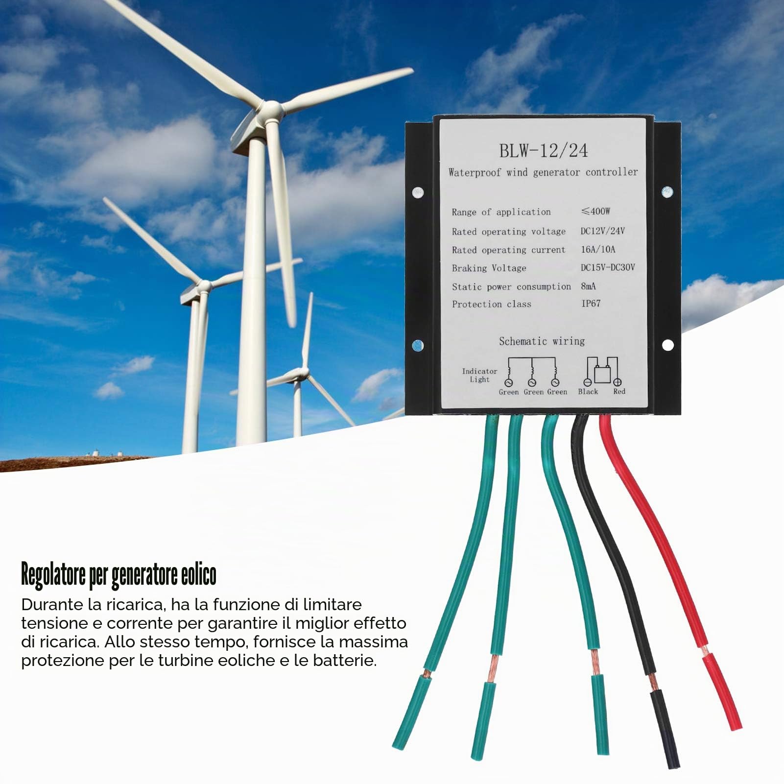 Controller per Generatore di Turbine Eoliche, Controller Automatico Impermeabile IP67 DC12-24V BLW-12/24 Regolatore di Carica della Batteria da 400 W