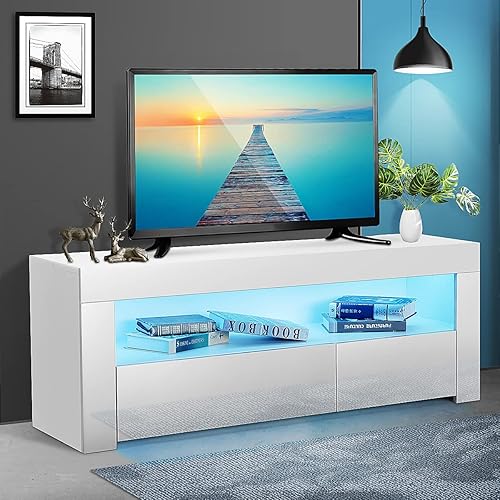 Hommpa Soporte de TV LED para televisores de 55 pulgadas moderno centro de entretenimiento negro consola multimedia con luces LED mesa de consola de