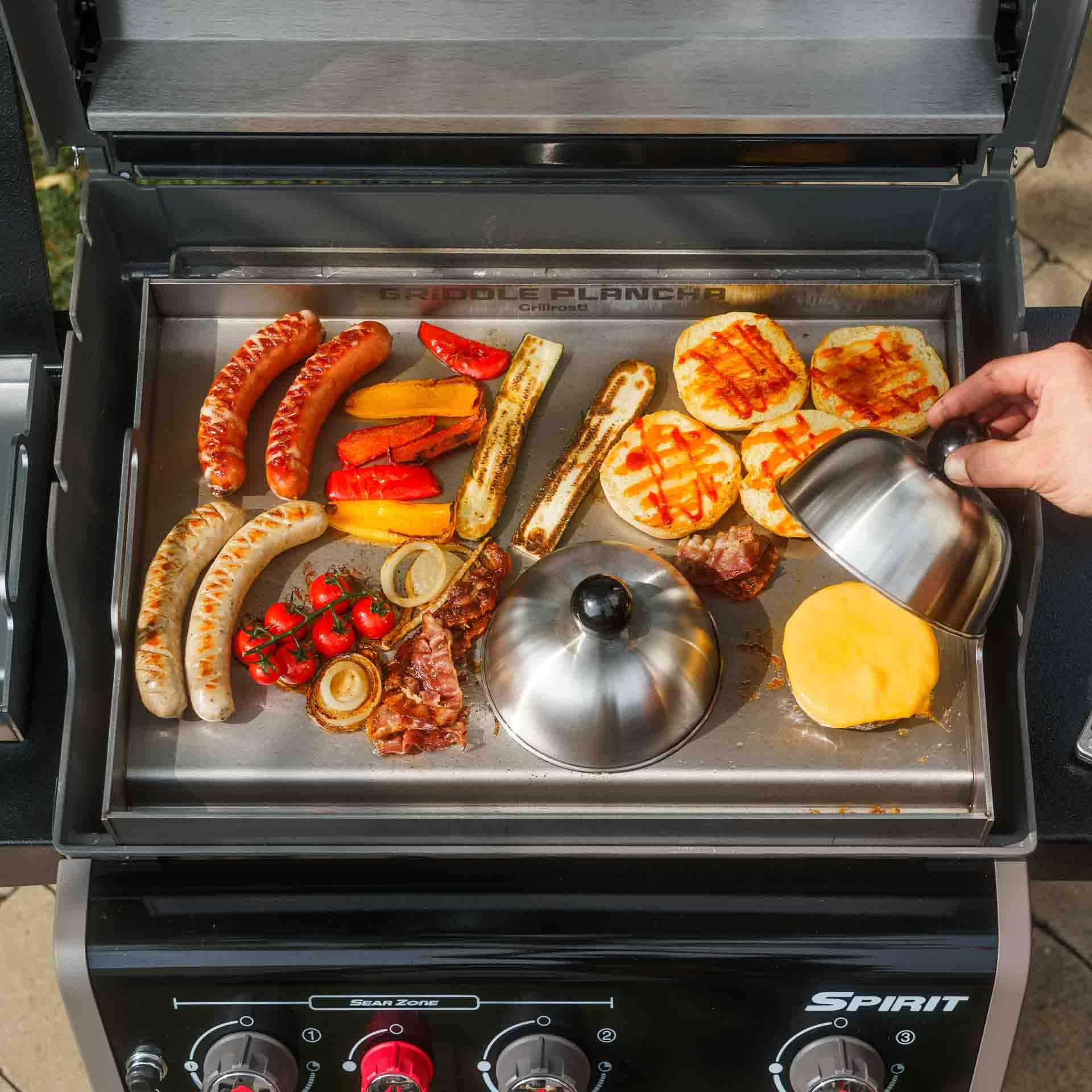 Grillrost.com Das Original Burger Set für perfekte Burger von Feuerplatte und Plancha - 1 Smasher | 1 Grillmachete | 2 Burgerglocken