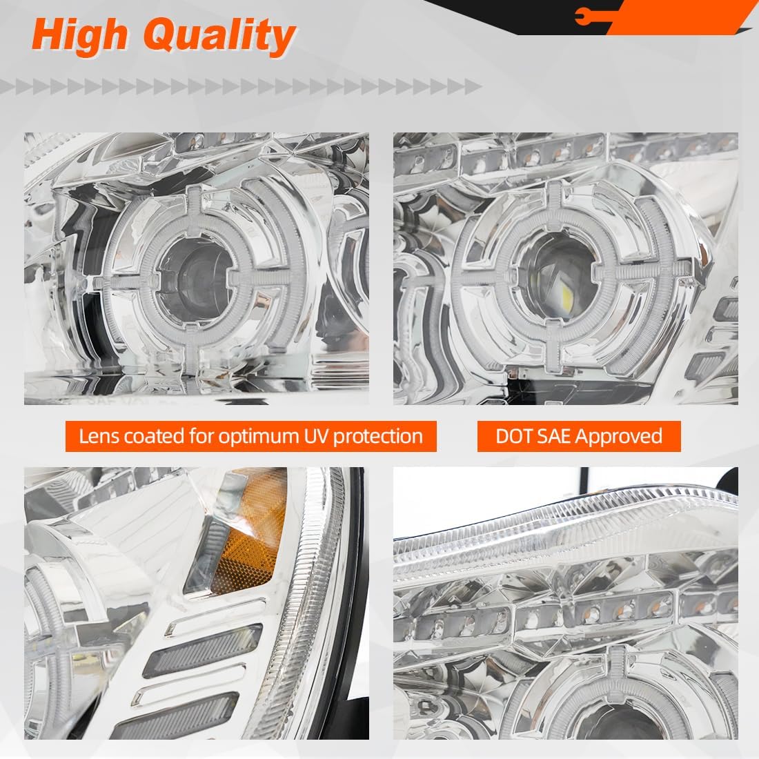 LED Projector Headlights (Pair) Compatible with Kenworth T680 2013-2021 Models IP67 Waterproof, Anti-Fog Sealing, Sequential Signal & Halo Blackout DOT/SAE Compliant