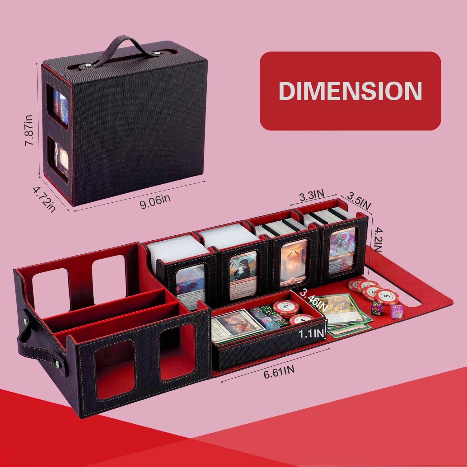 Card Deck Box for MTG with Commander Display, 5 in 1 Card Storage Box Fits 400+ Double-sleeved Cards, 4 Separate Small Cases for TCG/Sports Cards, Dice Tray＆Handle（Black Red）