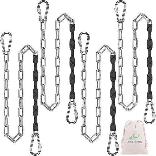 Miniatura 9 de SELEWARE 2 cadenas de columpio resistentes de 85 pulgadas, cadenas colgantes de acero inoxidable de capacidad de 1000 libras con 4 mosquetones, kit
