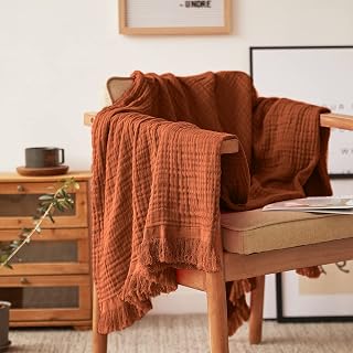 SimpleOpulence Rust Orange Cotton Muslin Throw Blanket - Soft Pre-Washed Breathable Gauze with Tassels, Lightweight All-Season Farmhouse Couch Bed Decor 50x60"
