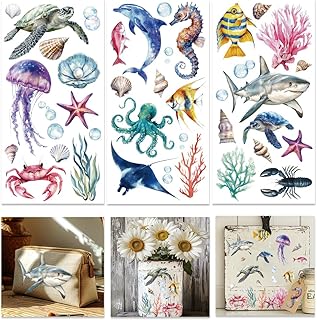 INFUNLY 3 Sheets Oceans Animals Rub on Transfers for Crafts 5.9×11.8 Inch Jellyfish Transfers Sticker Fish Furniture Stickers Decal Shells Whales Sea Turtles Rub on Transfer for Wood Glass Home Decor