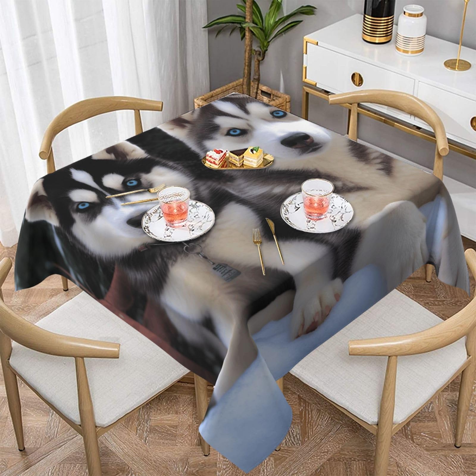 WPKJU Lovely Husky Printed Square Tablecloth 60x60 inch Water Resistant Table Cover Washable Rectangle Table Cloth for Dining Tables
