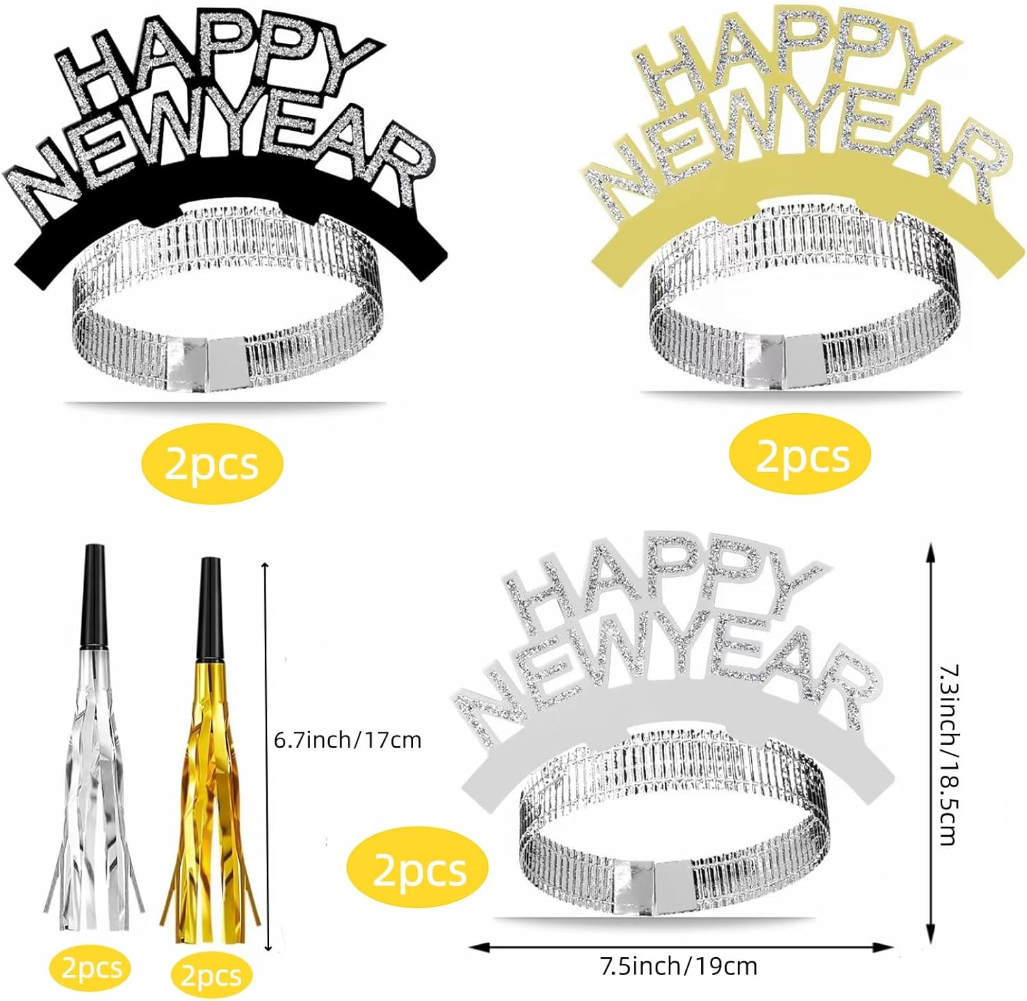 36 Pieces 2026 New Years Eve Party Supplies Include 6 Happy New Year Cone Hats 6 Glitter Tiaras 12 New Years Paper Eyeglasses and 12 Gold Silver Noise Makers for 2025 Happy New Year Party Decorations - Image 3