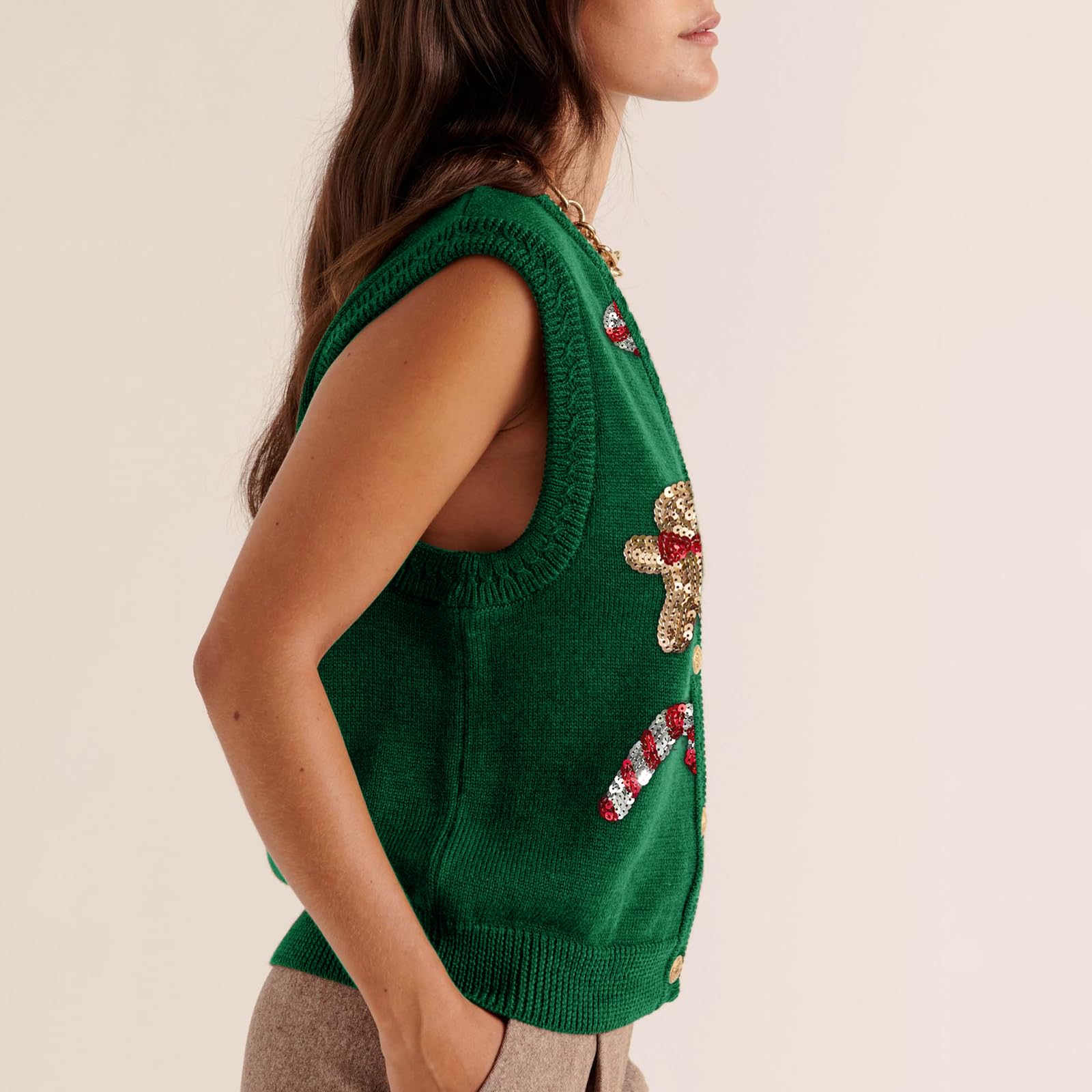 Pull de Noël moche pour femme - Imprimé Père Noël à paillettes - Sans manches - Bouton sur le devant - Cardigan en tricot