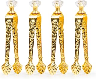 4 pcs Golden Incense Tongs, Vintage Charcoal Tongs with Floral Engraved Handle, Metal Incense Burner Clamp, Design Home Incense Clip, 4.32 inches