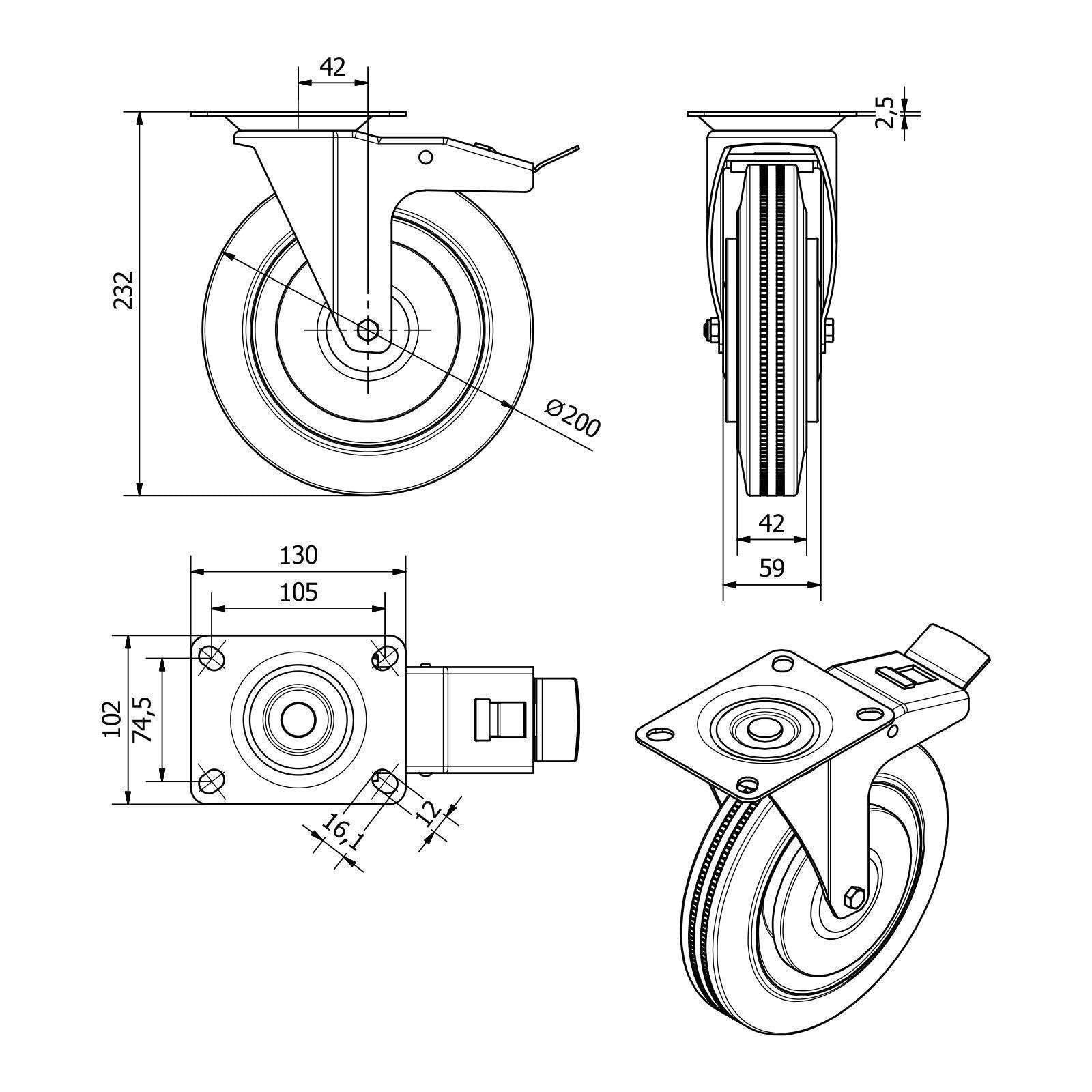 SOTOOLS 4er SET Schwerlastrollen FORTIX Ø 200 mm (2x Bock, 2x Lenkrollen mit Bremse) – Tragkraft 440 kg Gummirollen Ø 200 mm mit Panhead-Schrauben – solide & langlebig