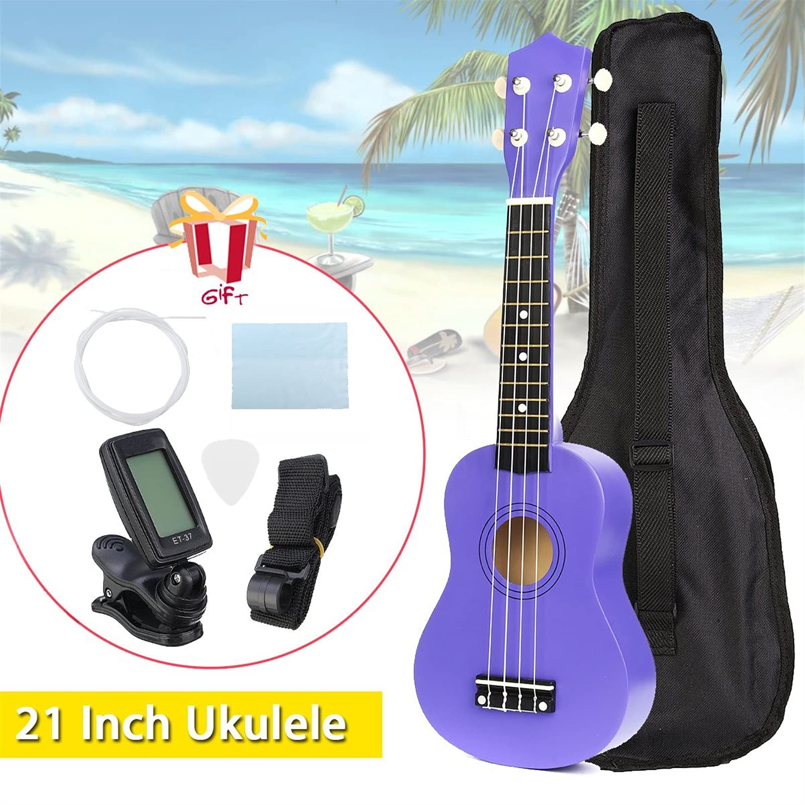 Studente Ukelele 21 Pollici 12 Fret Soprano Soprano Ukulele Ukalele 4 Stringhe Chitarra Hawaiana Instrusione Musicale Set Kit + Tuner + Stringa + Cinturino + Borsa Ukulele Hawaiano
