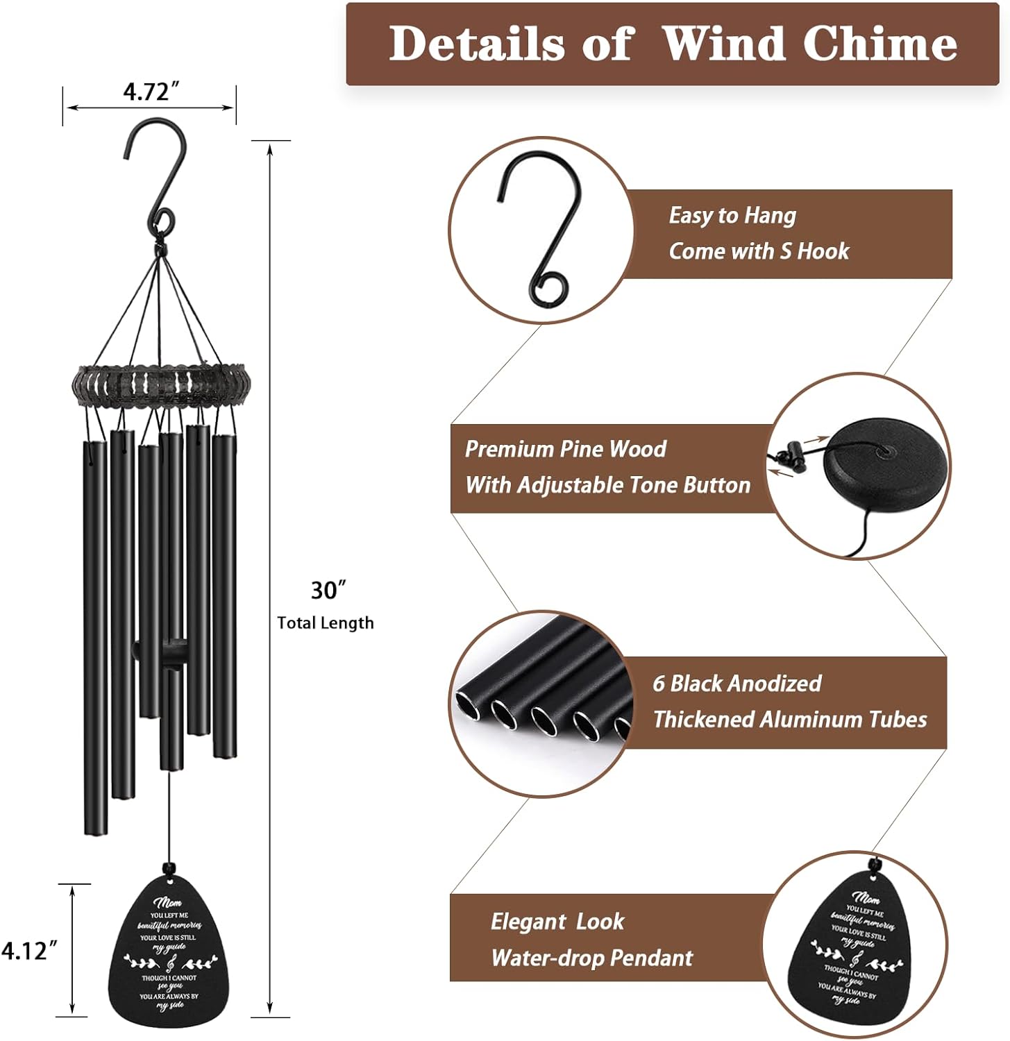 Sympathy Gifts for Loss of Mom, 30" Metal Memorial Wind Chimes for Loss of Mother, Loss of a Mother Sympathy Gifts, Windchimes in Memory of Mom - Image 4