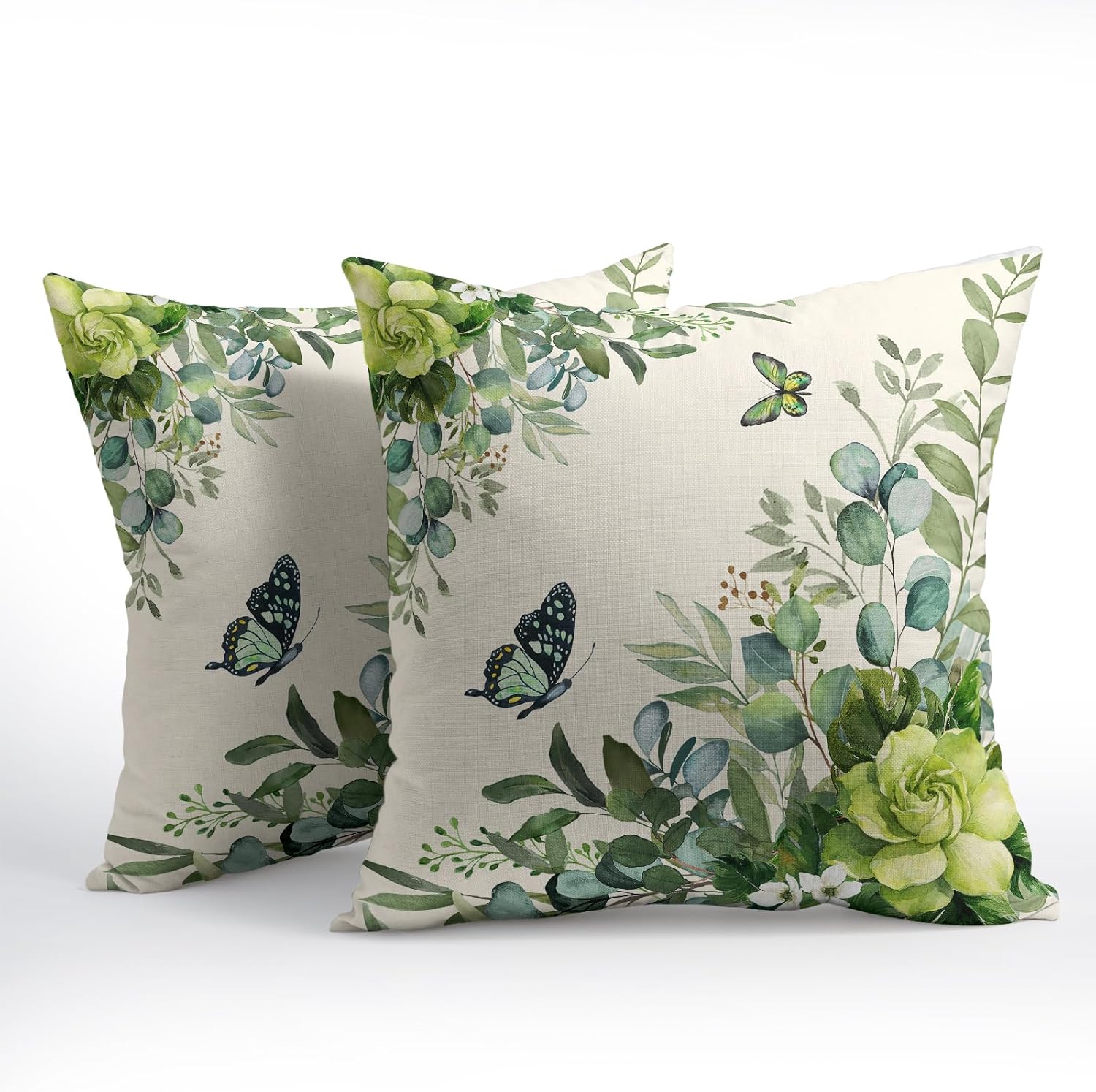 Spring Pillow Covers 24x24 Set of 2 Green Floral Throw Pillow Covers Rustic Pillowcase Linen Decoration Farmhouse Soft Decorative Summer Cushion Case Couch for Indoor Outdoor Home Decor