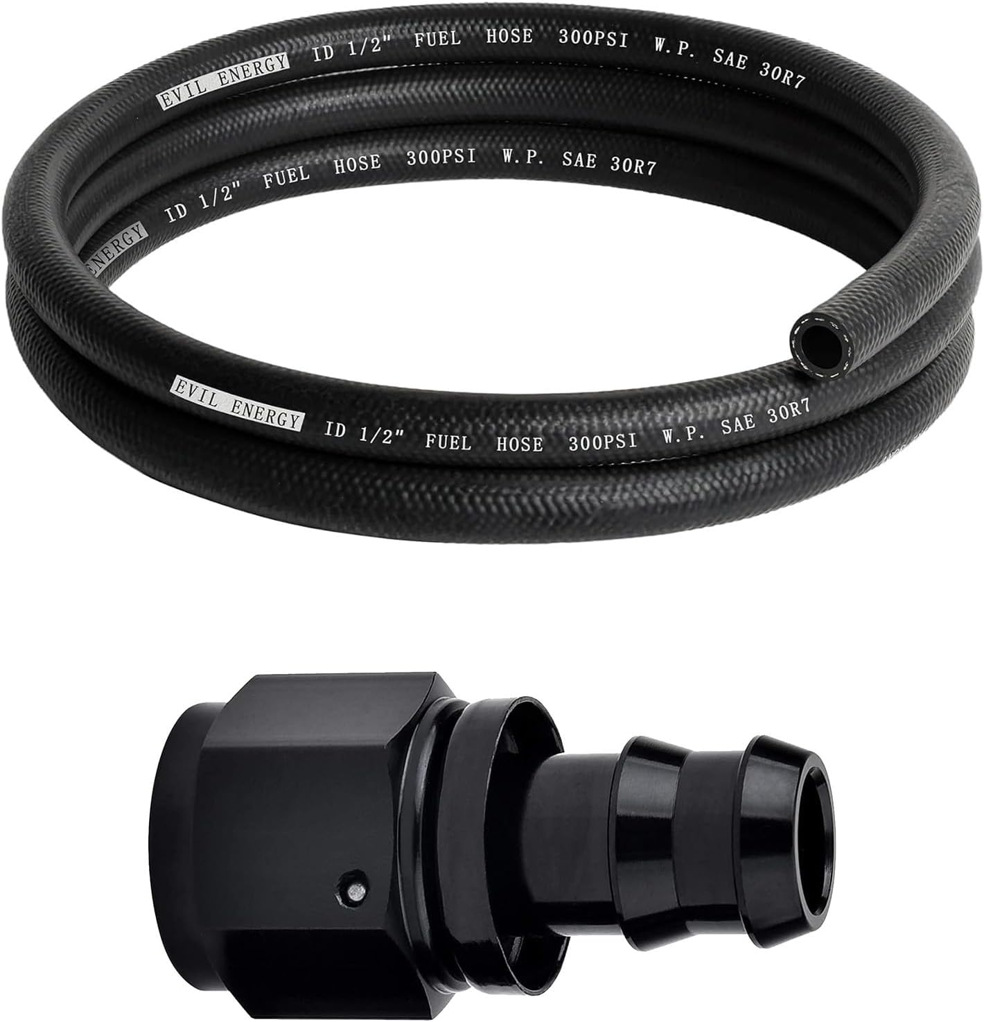 EVIL ENERGY 1/2 Fuel Hose Line Push Lock SAE 30R7 NBR 25FT 300PSI Bundle With 8AN Straight Push Lock Hose Fitting Black