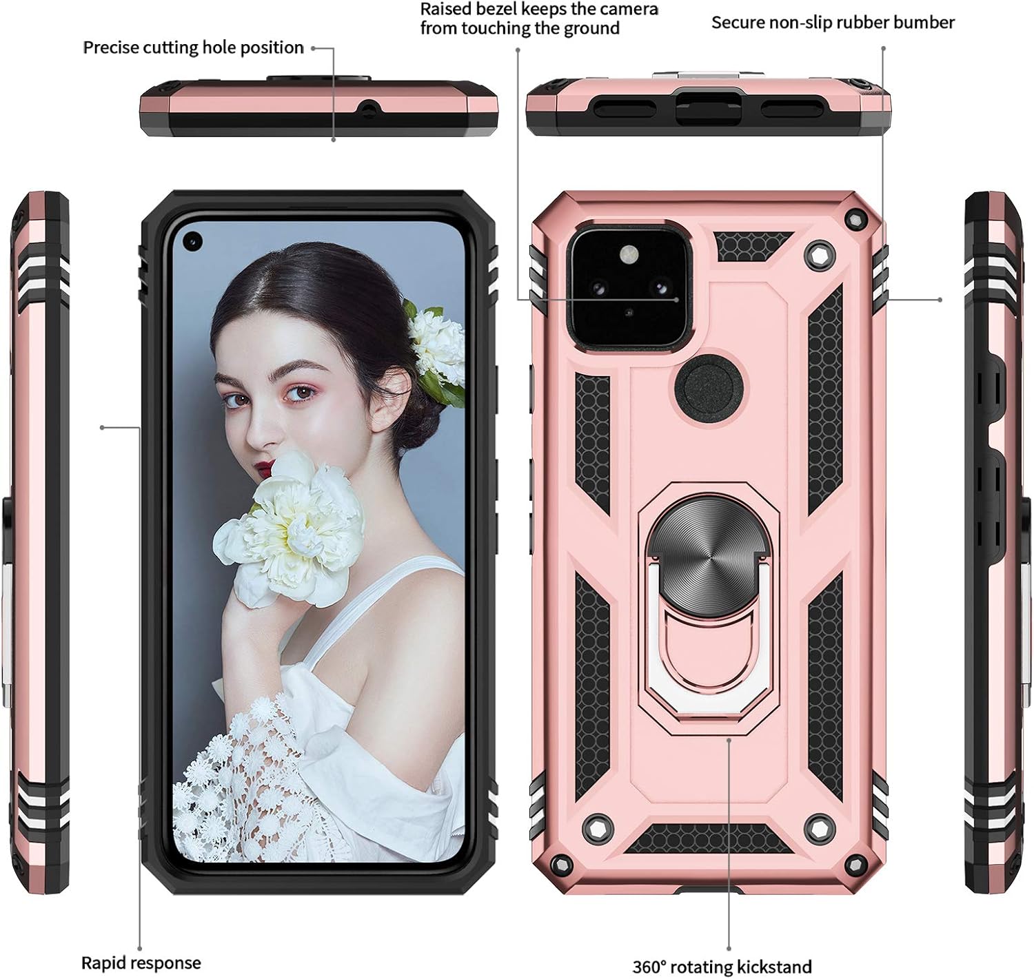 LeYi for Google Pixel 4a 5G Case (Not Fit Pixel 4a) with [2 Pack] Tempered Glass Screen Protector, [Military-Grade] Defender Protective Phone Case with Ring Kickstand for Google Pixel 4a 5G, Rose Gold
