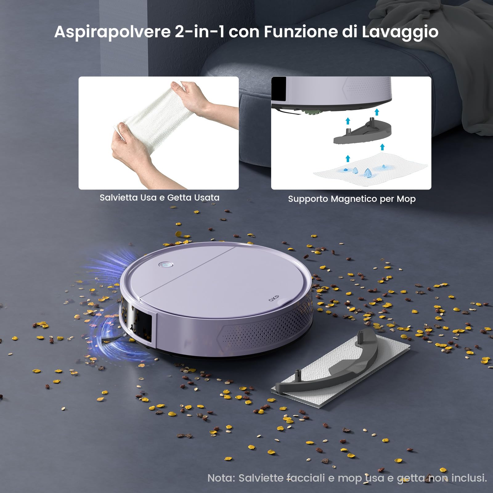 OKP K5 Pro Viola dell'Alba Robot Aspirapolvere, Potenza 5000Pa, Ideale per Peli di Animali, 180 Minuti di Autonomia, Precisione nell'Evita Ostacoli, App/Alexa/Telecomandi, Adatto per Pavimenti Duri