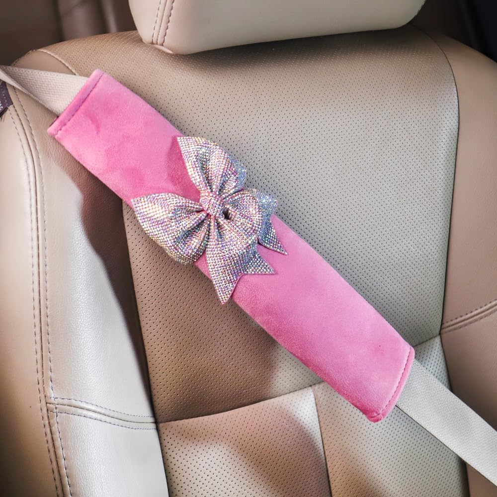 Auto Bling Interior Accessories Pink Car Steering Wheel Cover Soft Seat Belt Cover Crystal Bowknot Seatbelt Shoulder Pad Comfortable Gift for Girls Women Gift 3 Pack