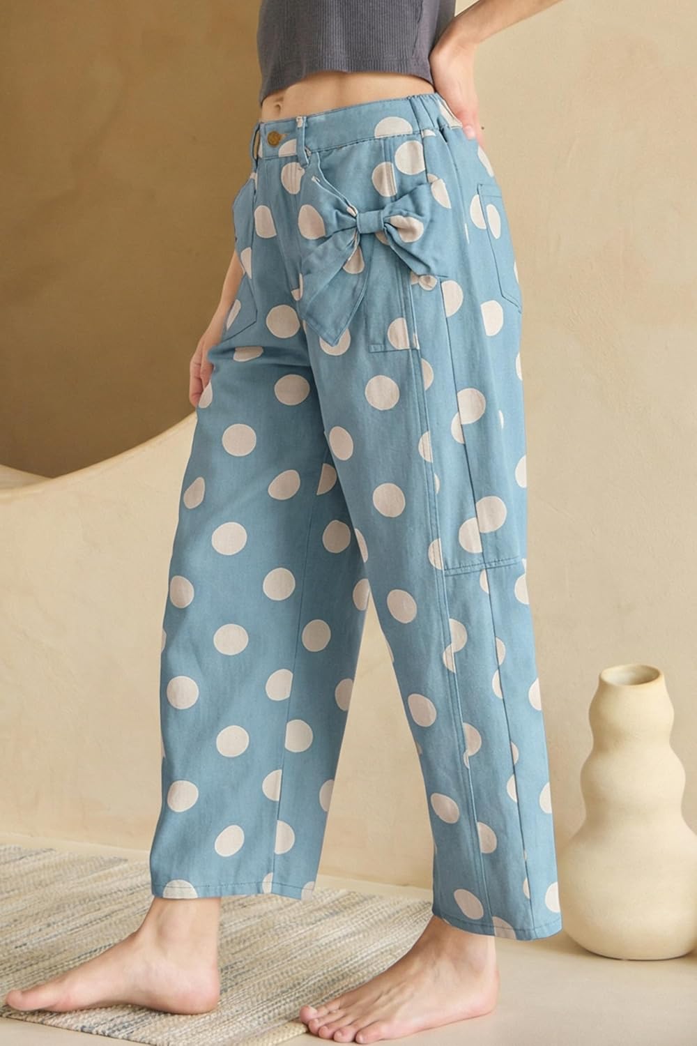 KevaMolly Womens Flare Jeans Casual Polka Dot Print Bow Detail Pocketed Jeans Polka Dot High Waist Wide Leg Baggy Jean