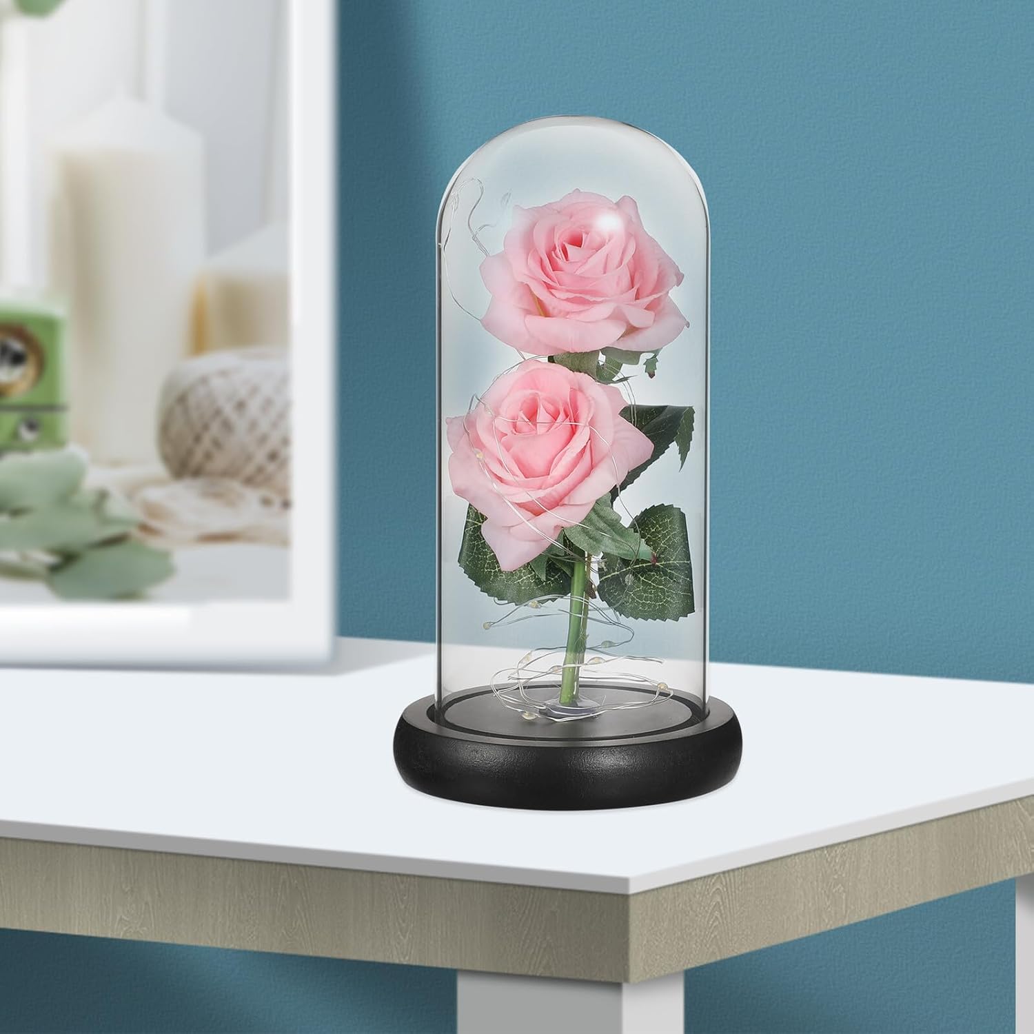 NUOBESTY Romantic Rose Lamp with LED Light in Glass Dome, Valentine’s Day Romantic Night Light Figurine, Pink Dual Bloom with Black Base, Battery Not Included, Home Decor