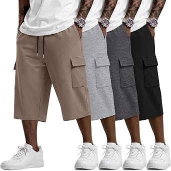 August Alley 4 Pack Mens Big and Tall Capri Shorts | Cargo Baggy Sweat Shorts, Below Knee 3/4 Pants with Pockets, Elastic Waist Casual Shorts with Drawstring