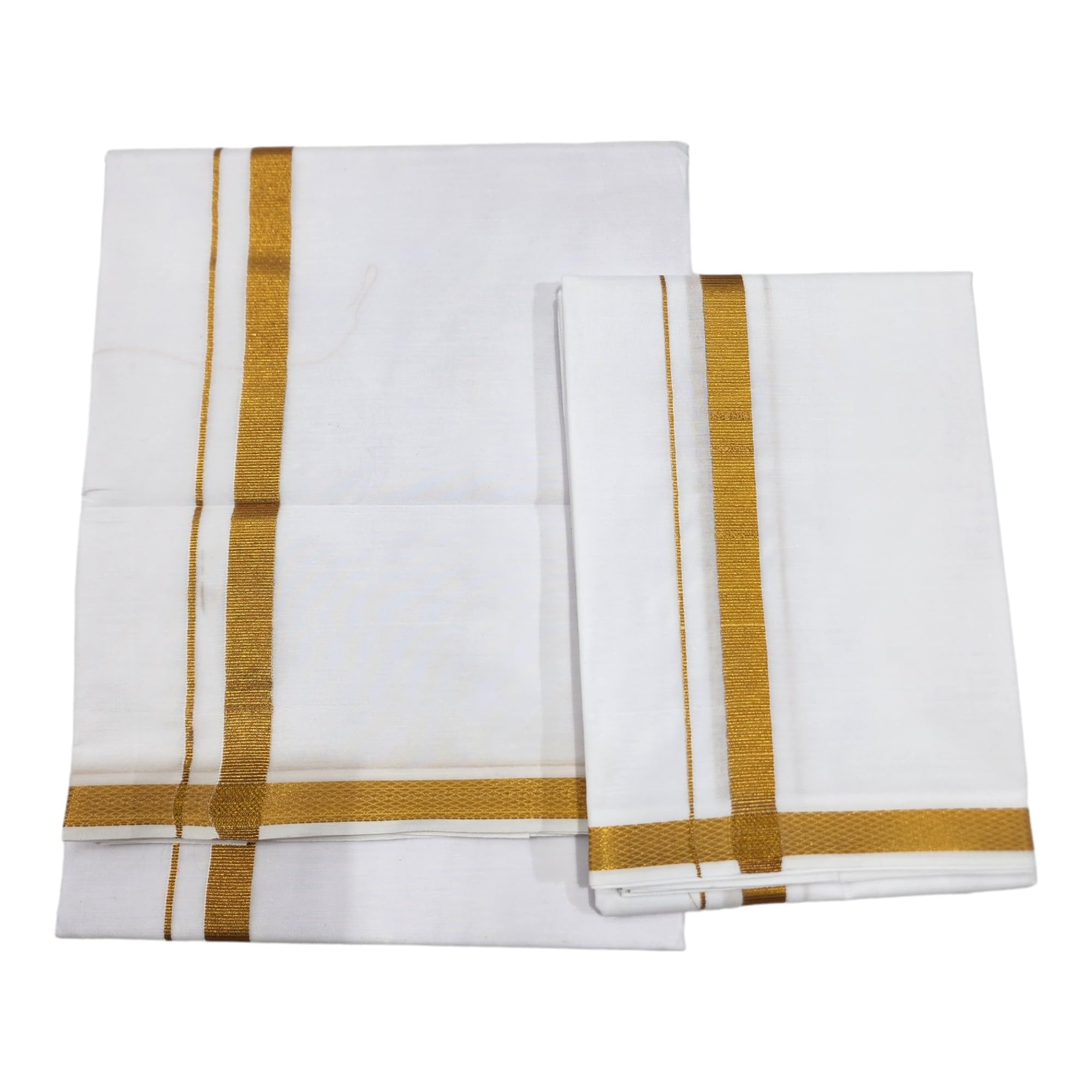 AMBIKA STORES Mens Single Poly Cotton Dhoti 2Mts White with Gold Jari Border 1/2 INCH & Towel (1.80mts) Set-image-33