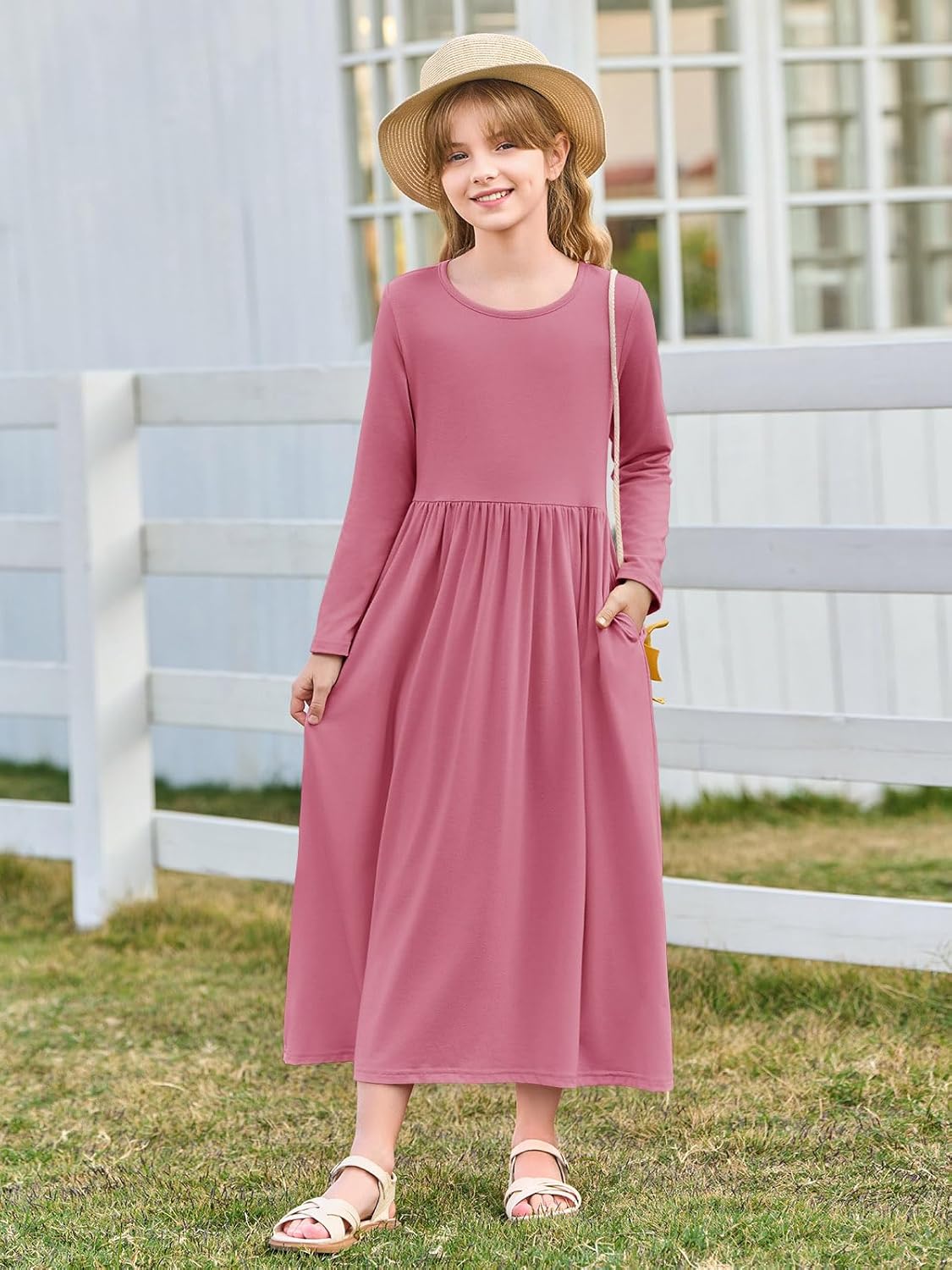 Haloumoning Girls Maxi Dress Long Sleeve Casual Holiday Dress with Pockets for 5-14 Years - Image 2