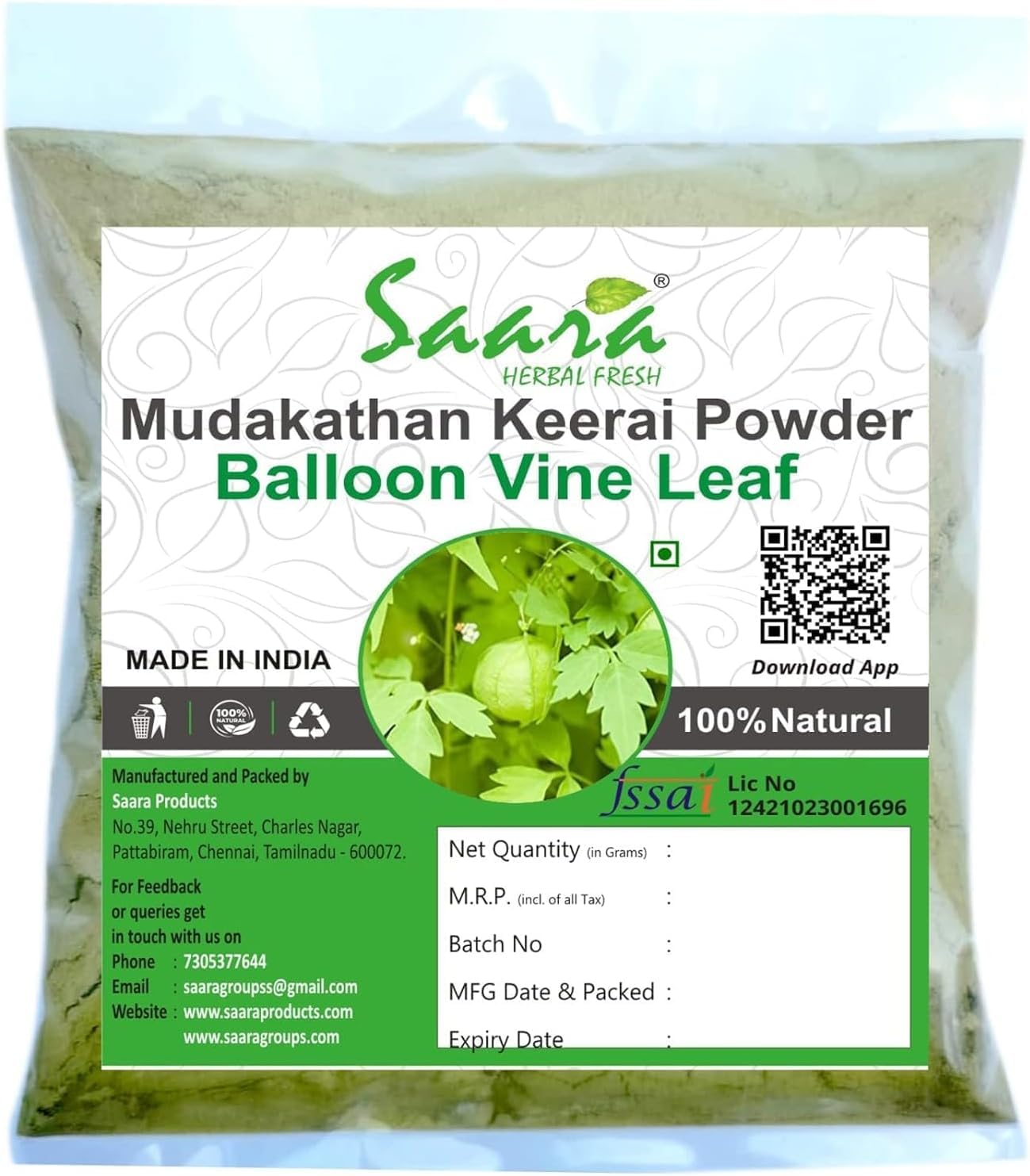 JAY Fresh Mudakathan Keerai Powder,100g, Balloon Vine Leaf Powder, Kanphata, Budda Kakara, Agniballi, Jyotishmati Leaf Powder,100g, (Pack 1 x 100g)